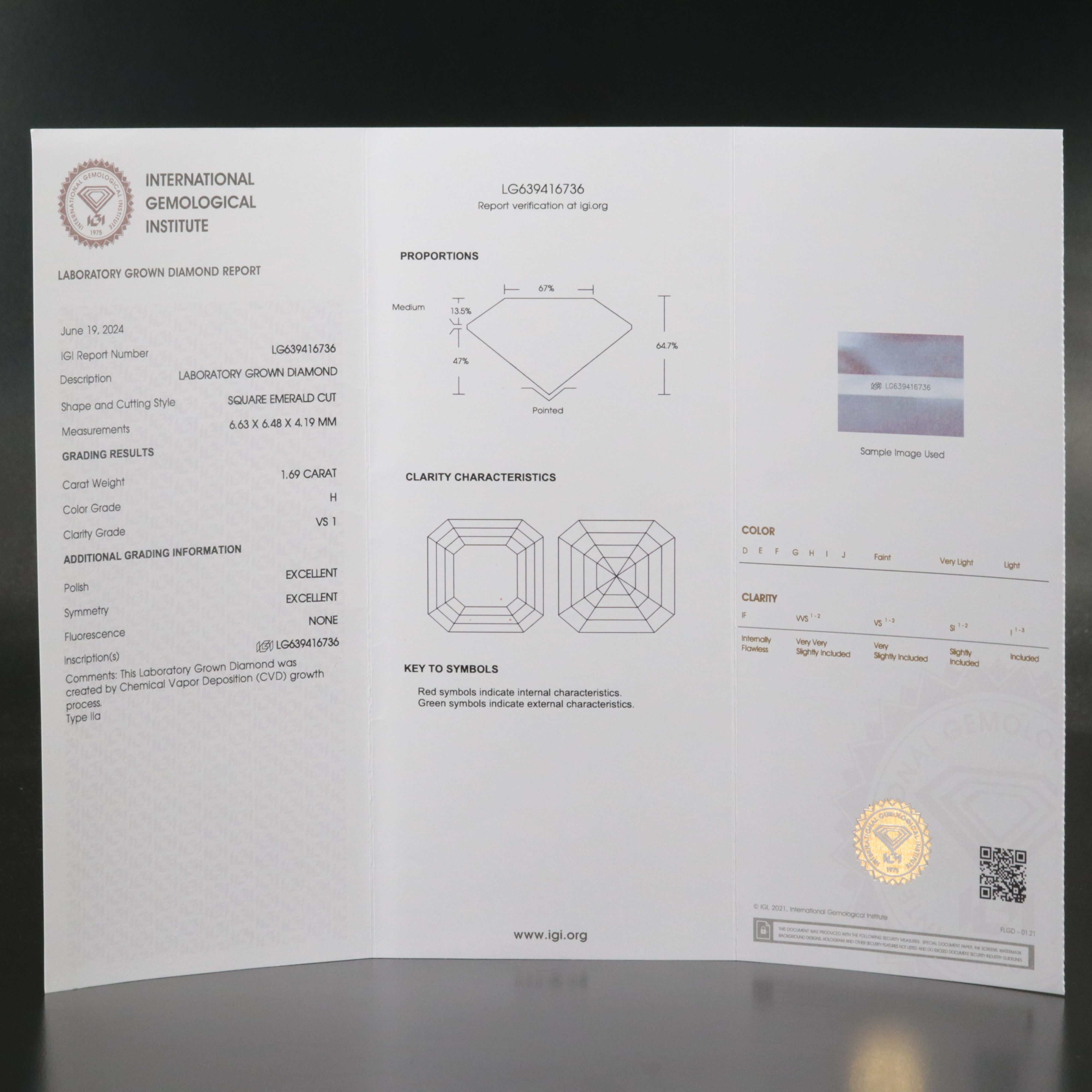 Loose 1.69 CT Lab Grown Diamond with IGI Report