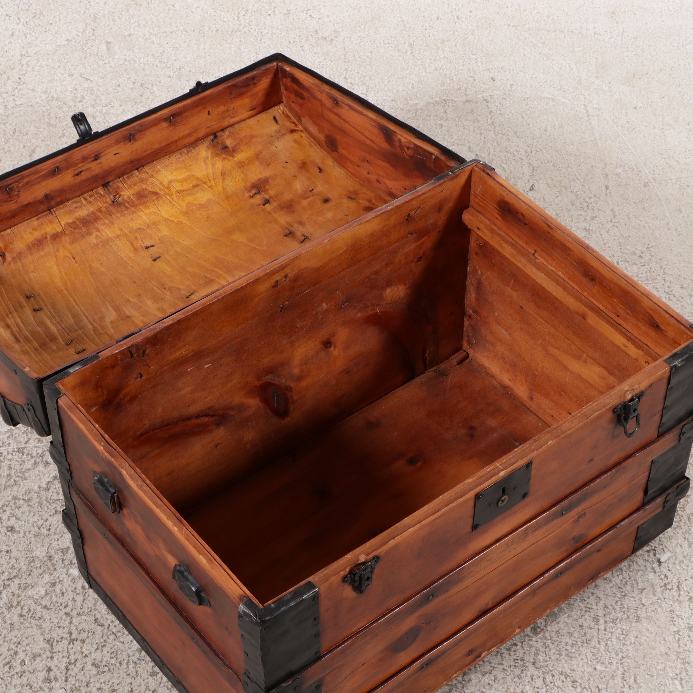 Dome Top Pine Steamer Trunk with Metal Bindings, Early 20th Century