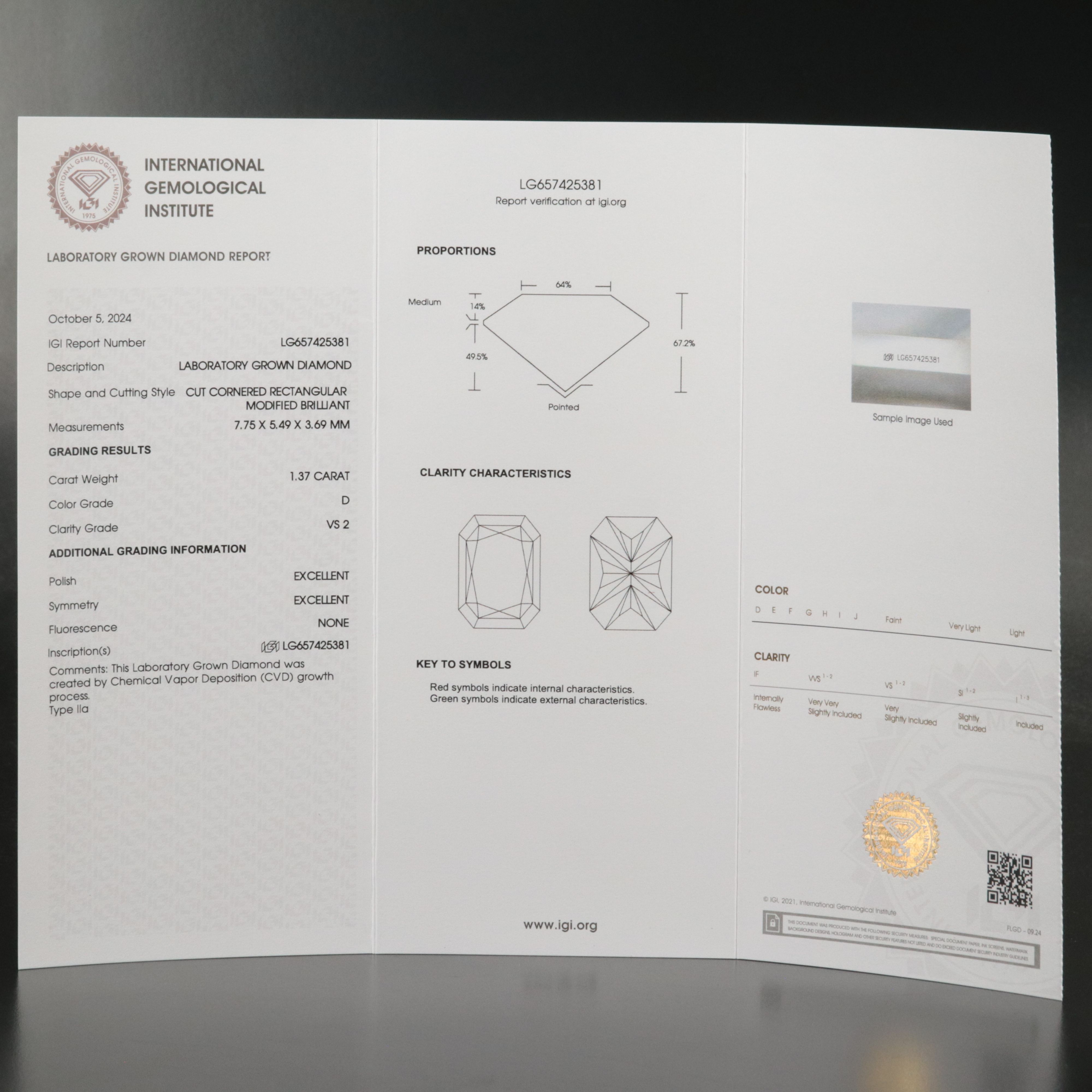 Loose 1.37 CT Lab Grown Diamond with IGI Report
