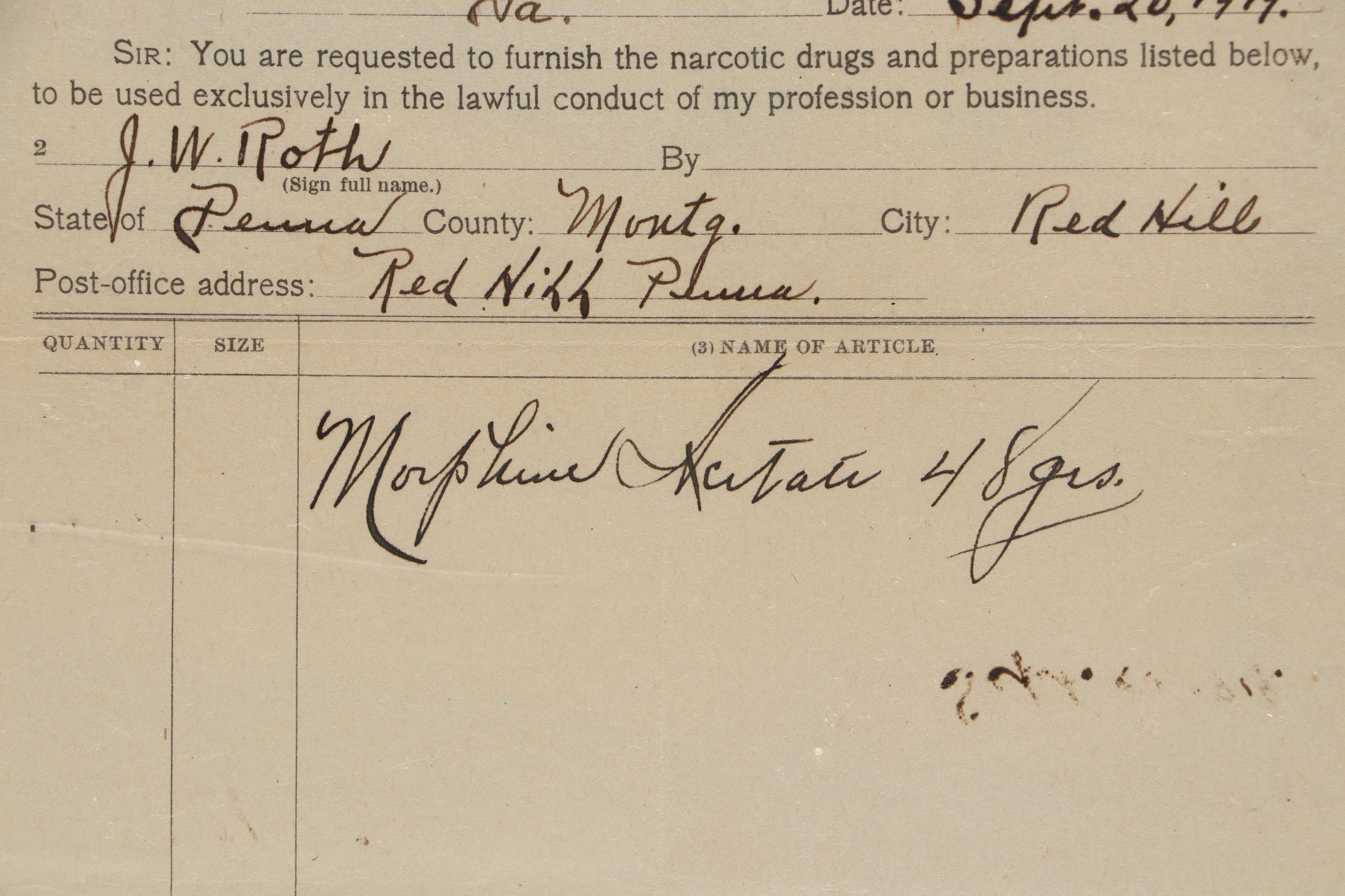Opium Order Form for Morphine, 1919