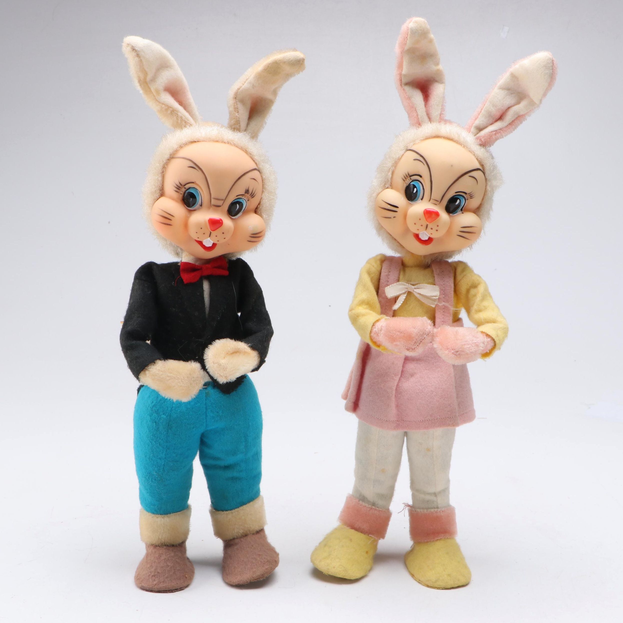 Pair of Japanese Anthropomorphic Rubber Face Rabbit Dolls, 1950s