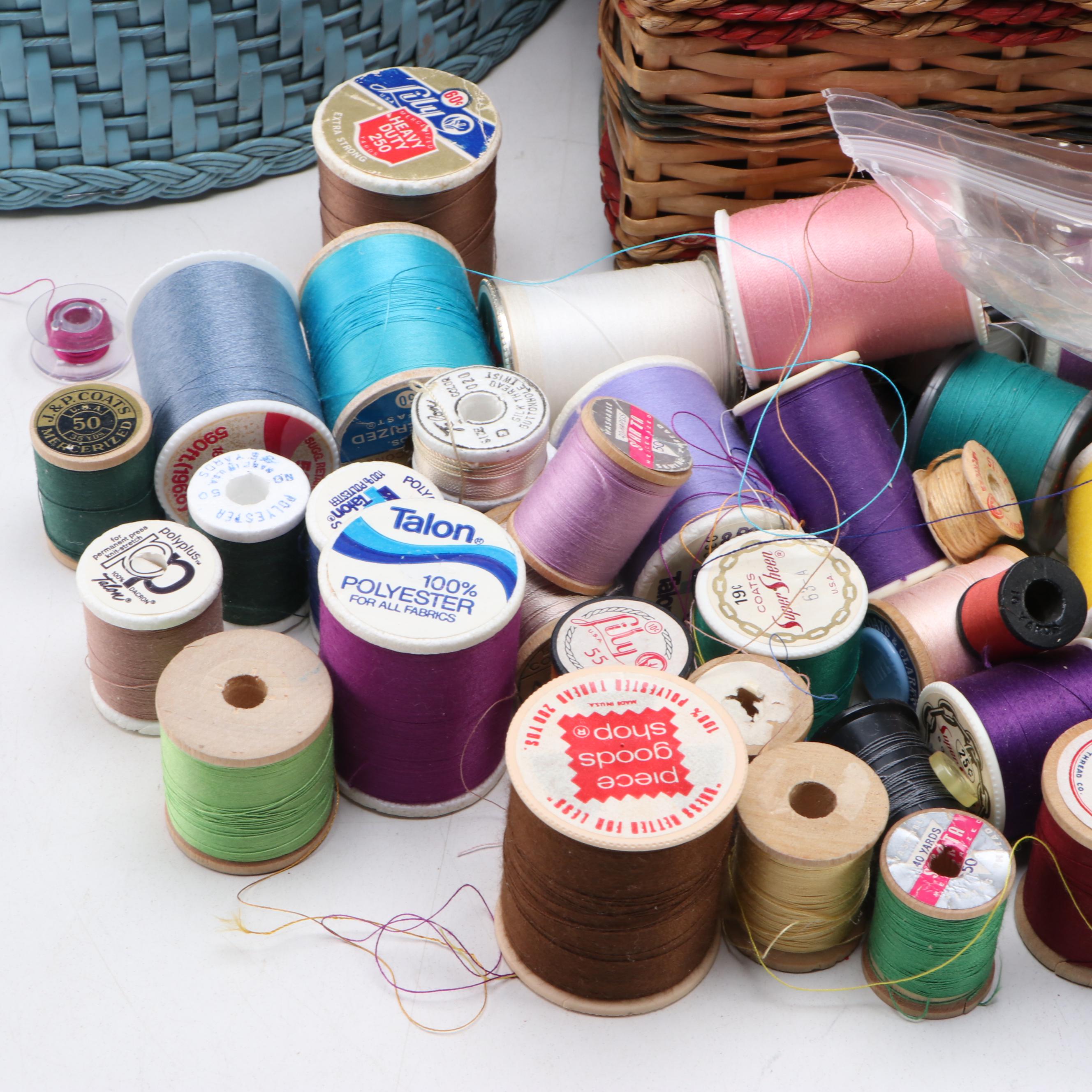 Wicker Sewing Baskets with Thread Spools, Scissors and More Sewing Supplies