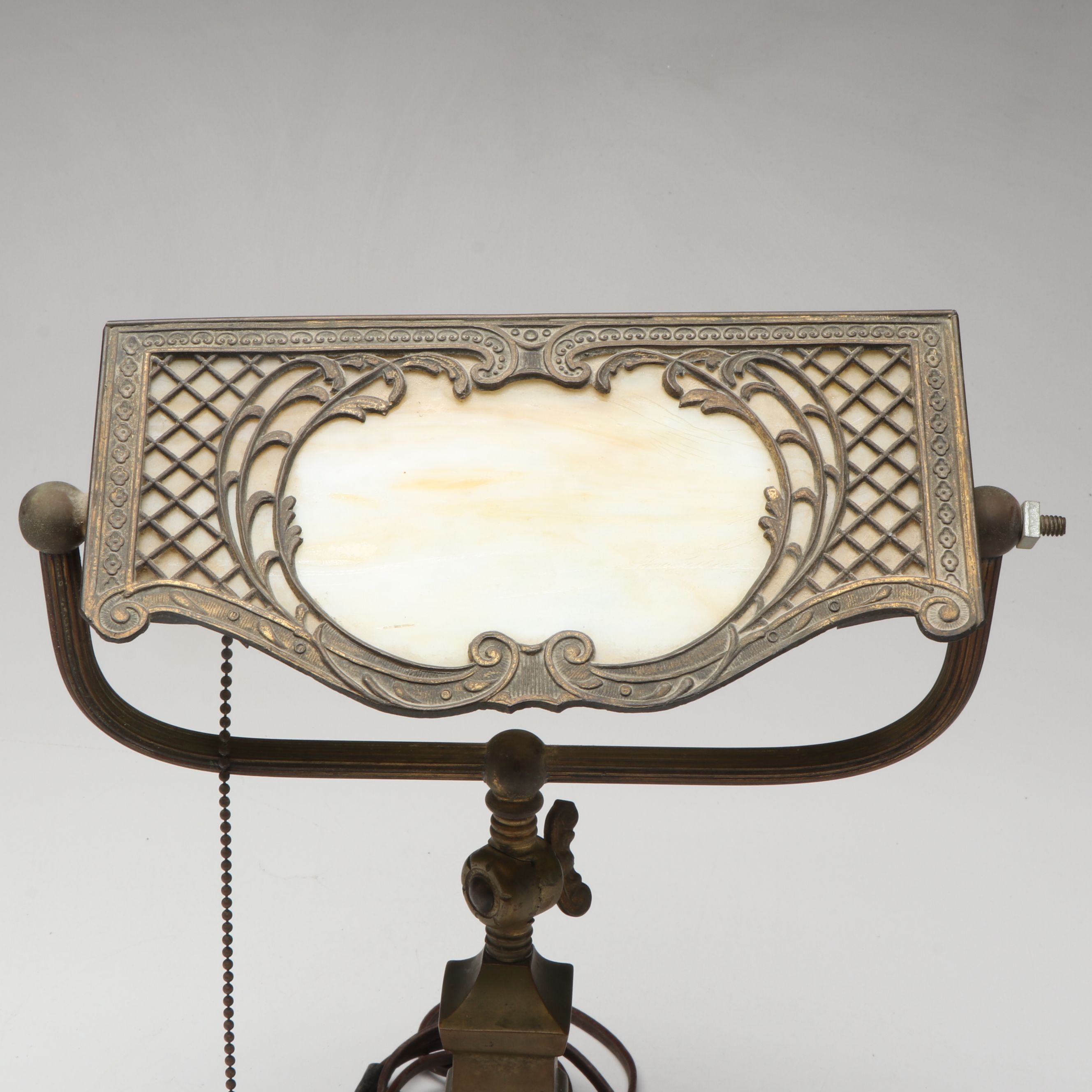 Arts and Crafts Pressed Metal Desk Lamp with Spelter Silhouette Shade