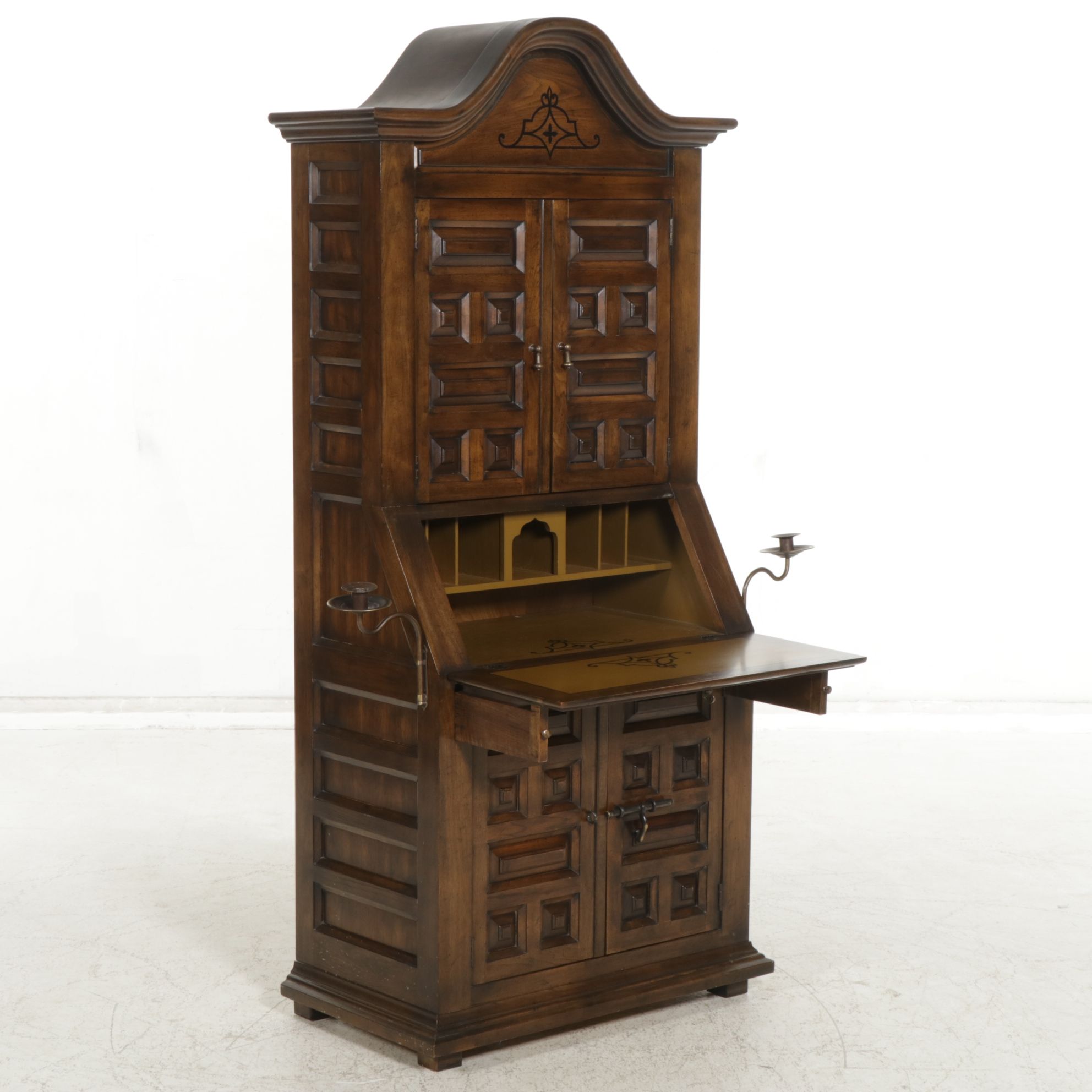 Drexel Spanish Baroque Style Oak Secretary Desk with Candle Sconces