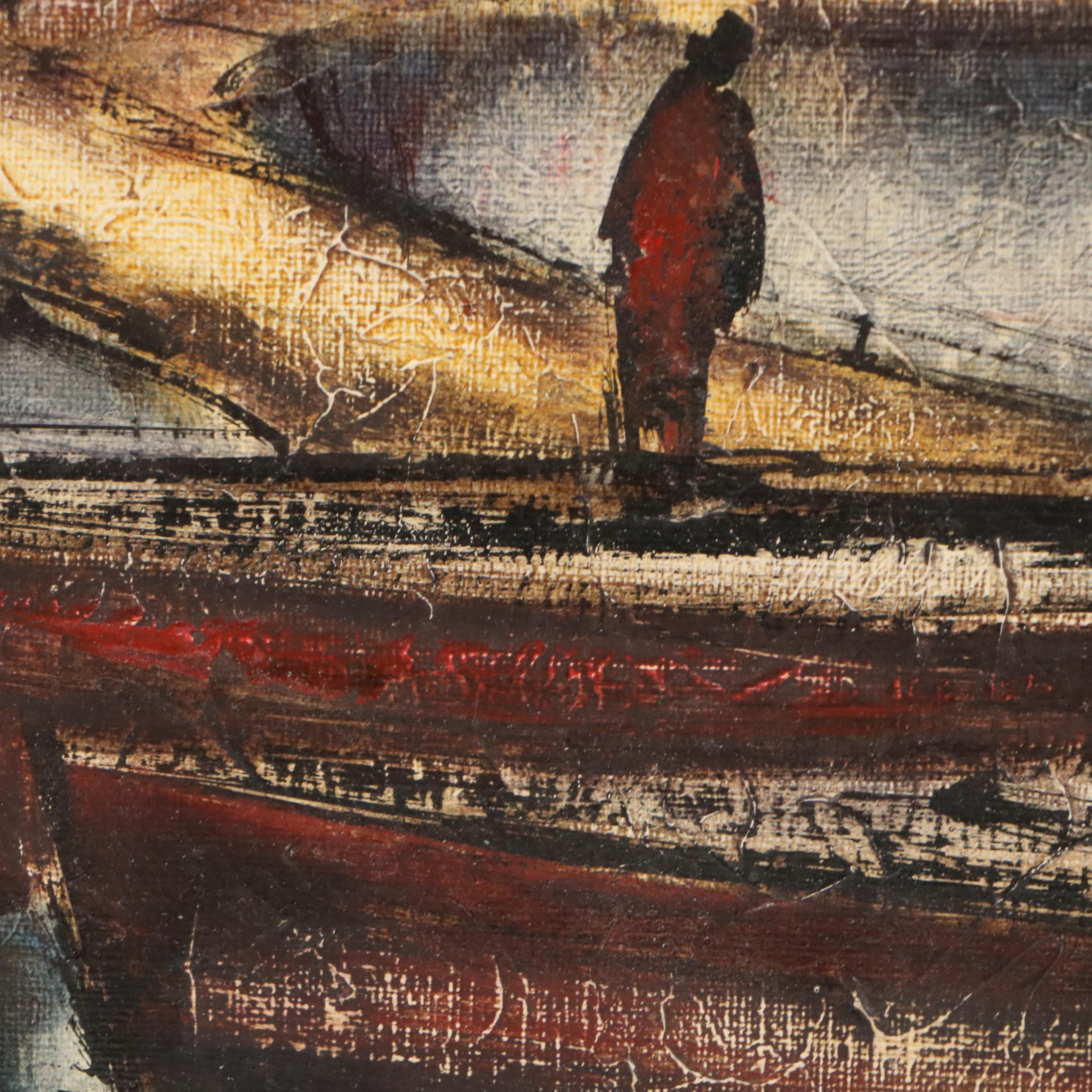 Attributed to Leopold Reiser Fishing Village Scene Oil Painting, Mid-20th C.