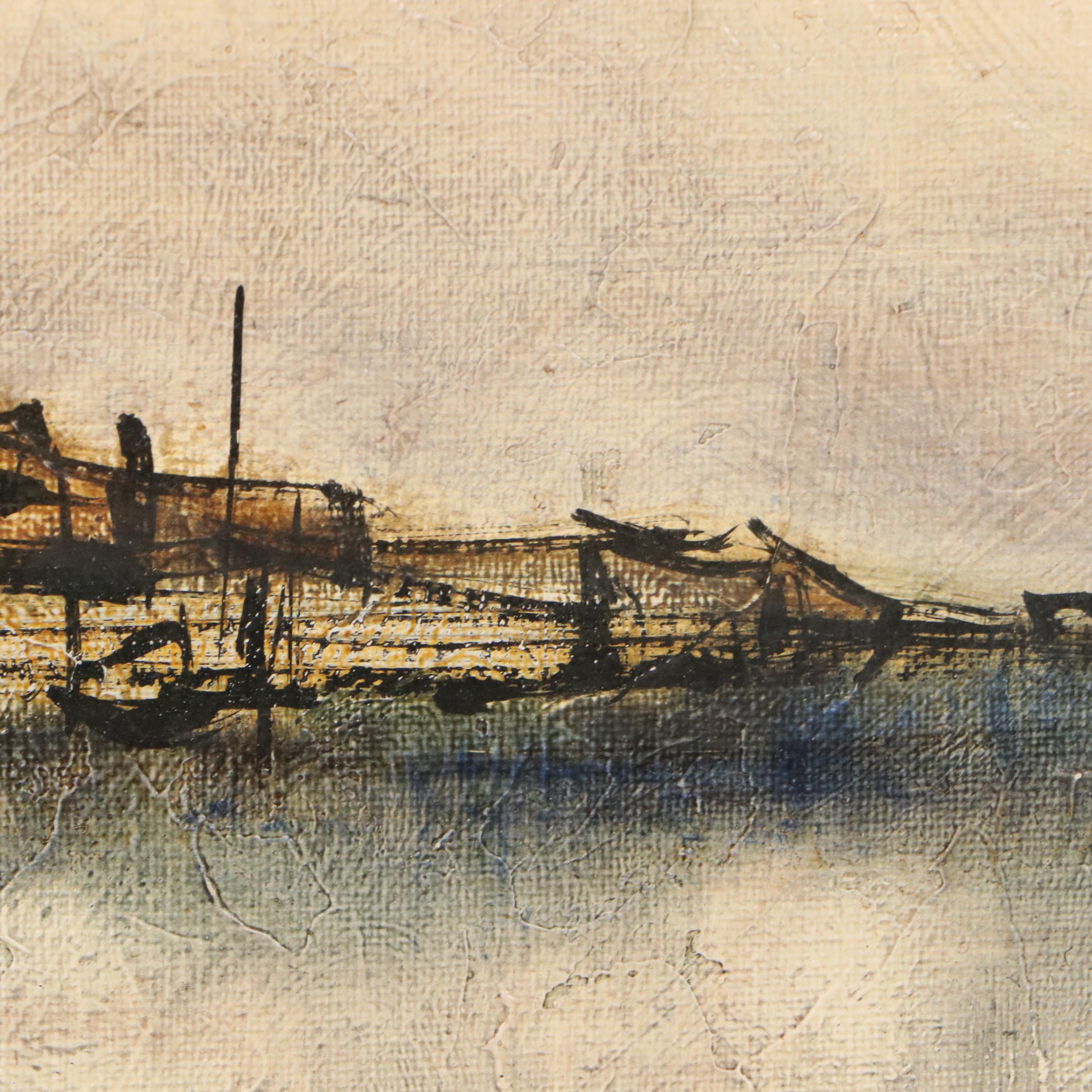 Attributed to Leopold Reiser Fishing Village Scene Oil Painting, Mid-20th C.