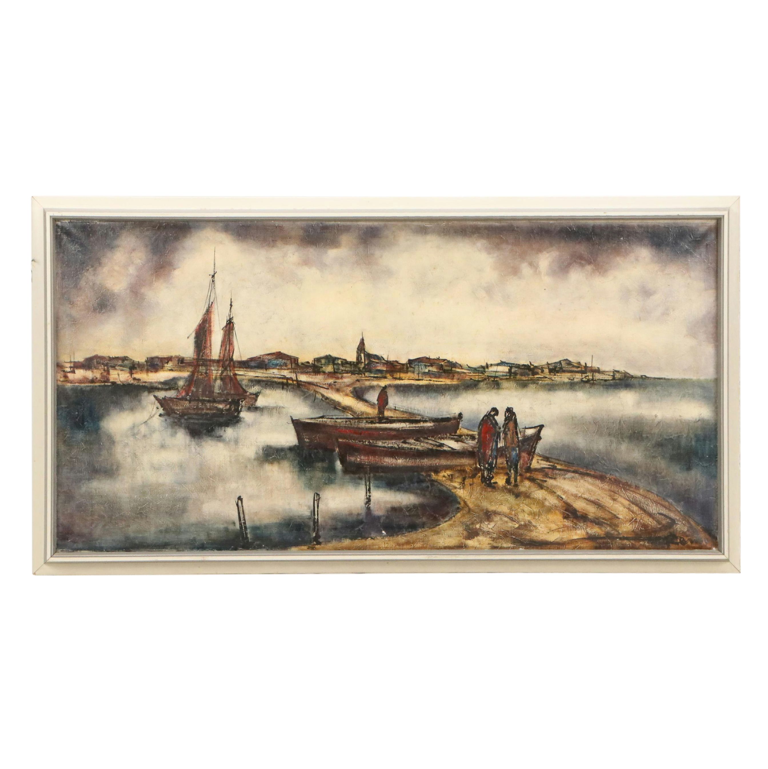 Attributed to Leopold Reiser Fishing Village Scene Oil Painting, Mid-20th C.