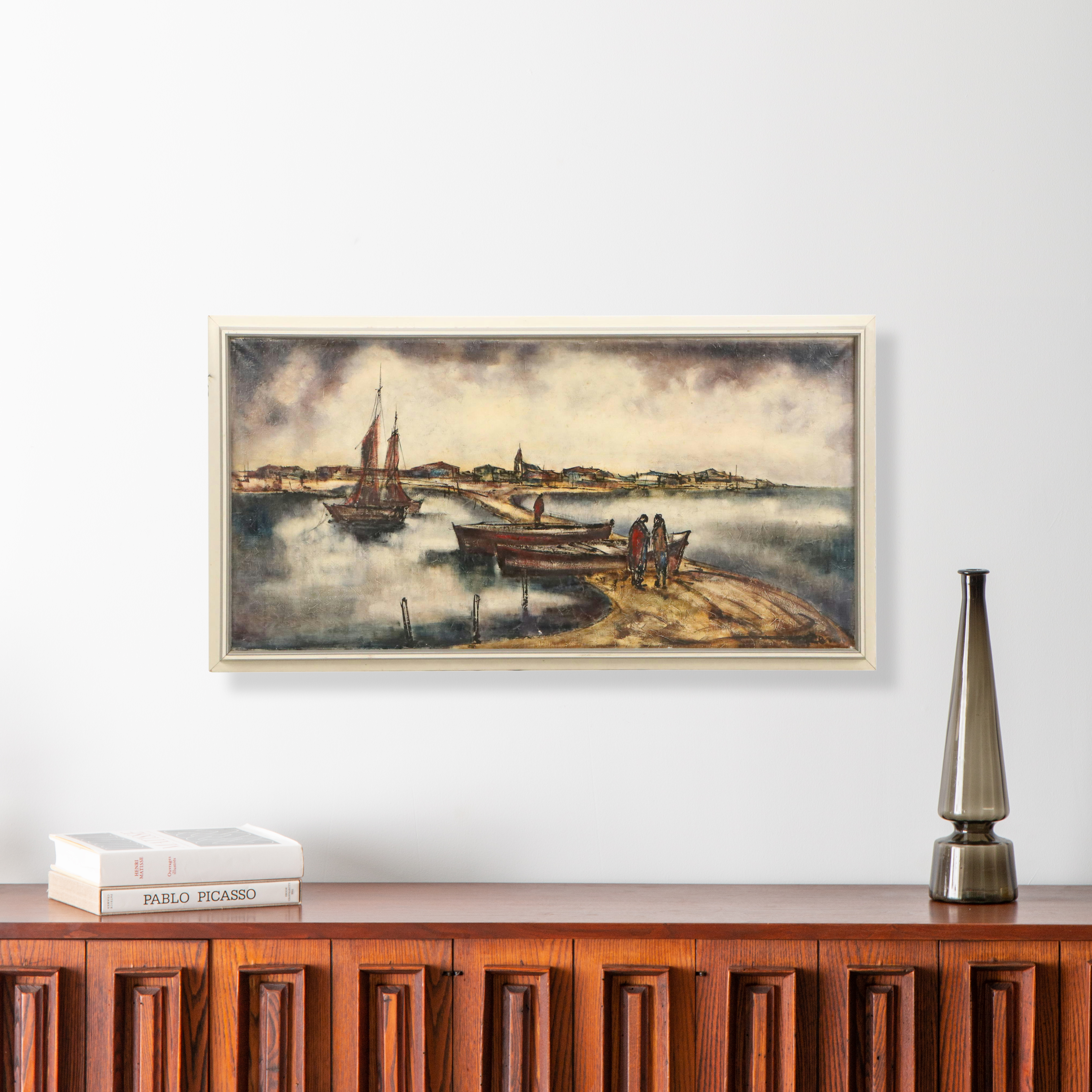 Attributed to Leopold Reiser Fishing Village Scene Oil Painting, Mid-20th C.