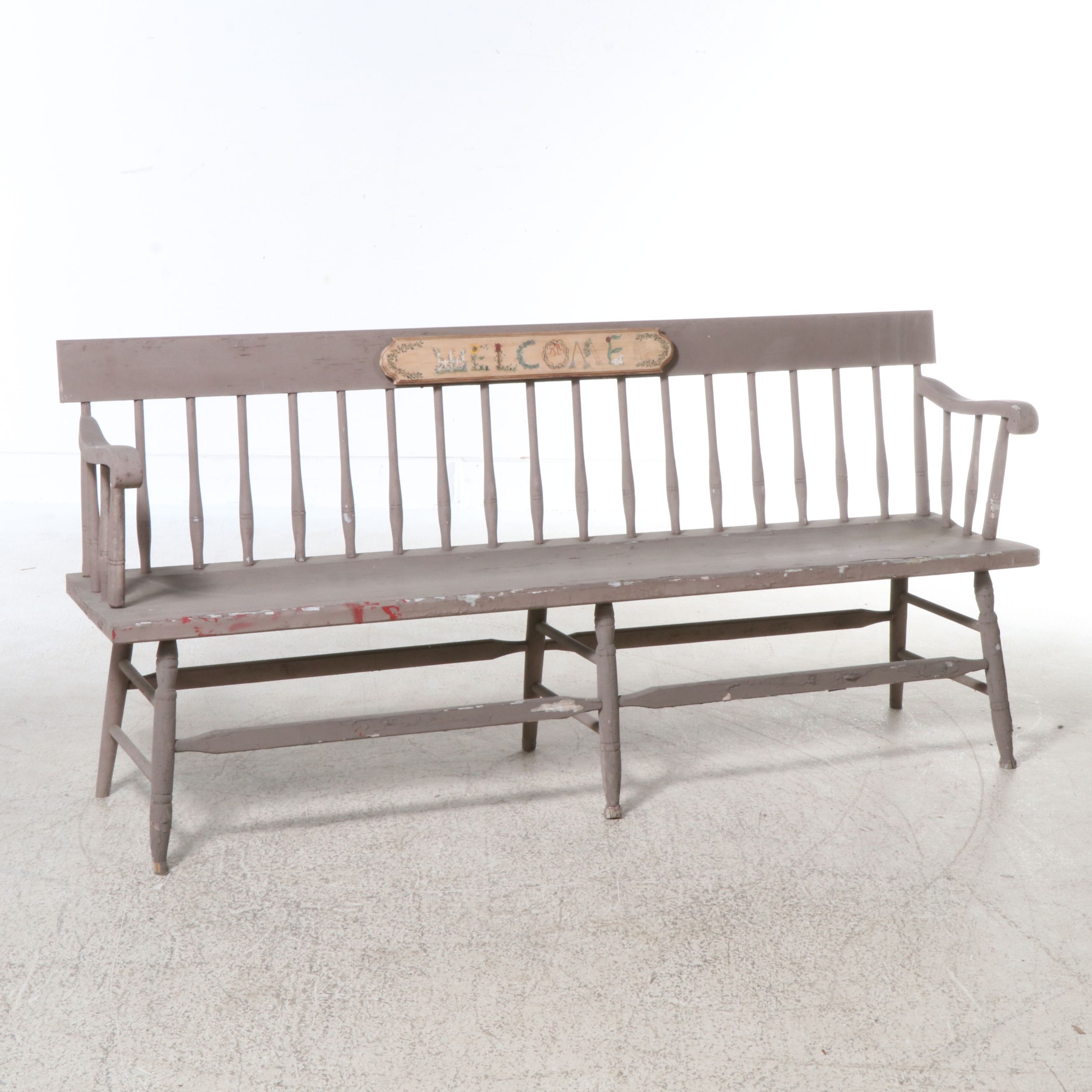 American Primitive Painted Spindle Back Parsons Bench, Early to Mid-20th Century