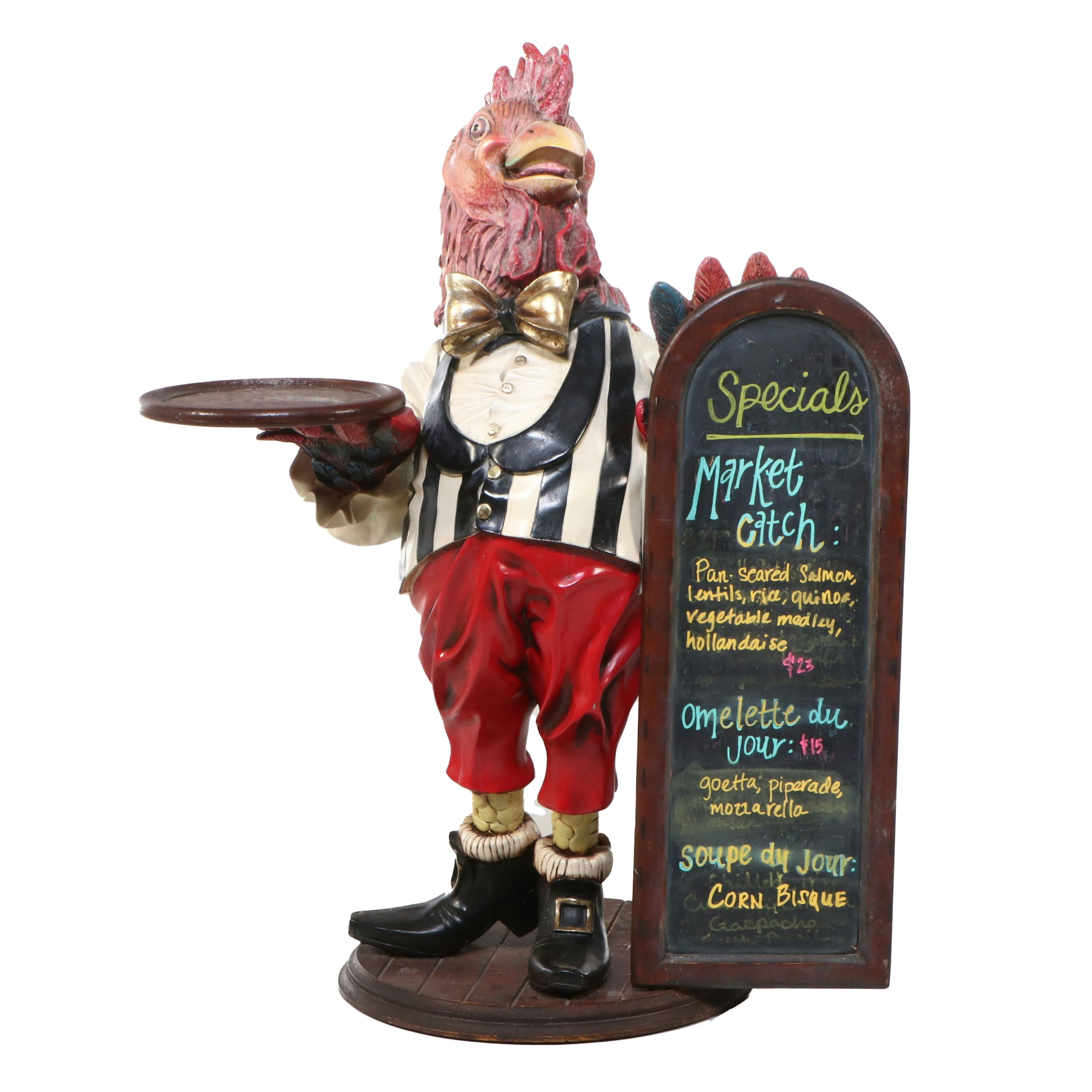 Rooster Butler Resin and Fiberglass Figure with Chalkboard Menu