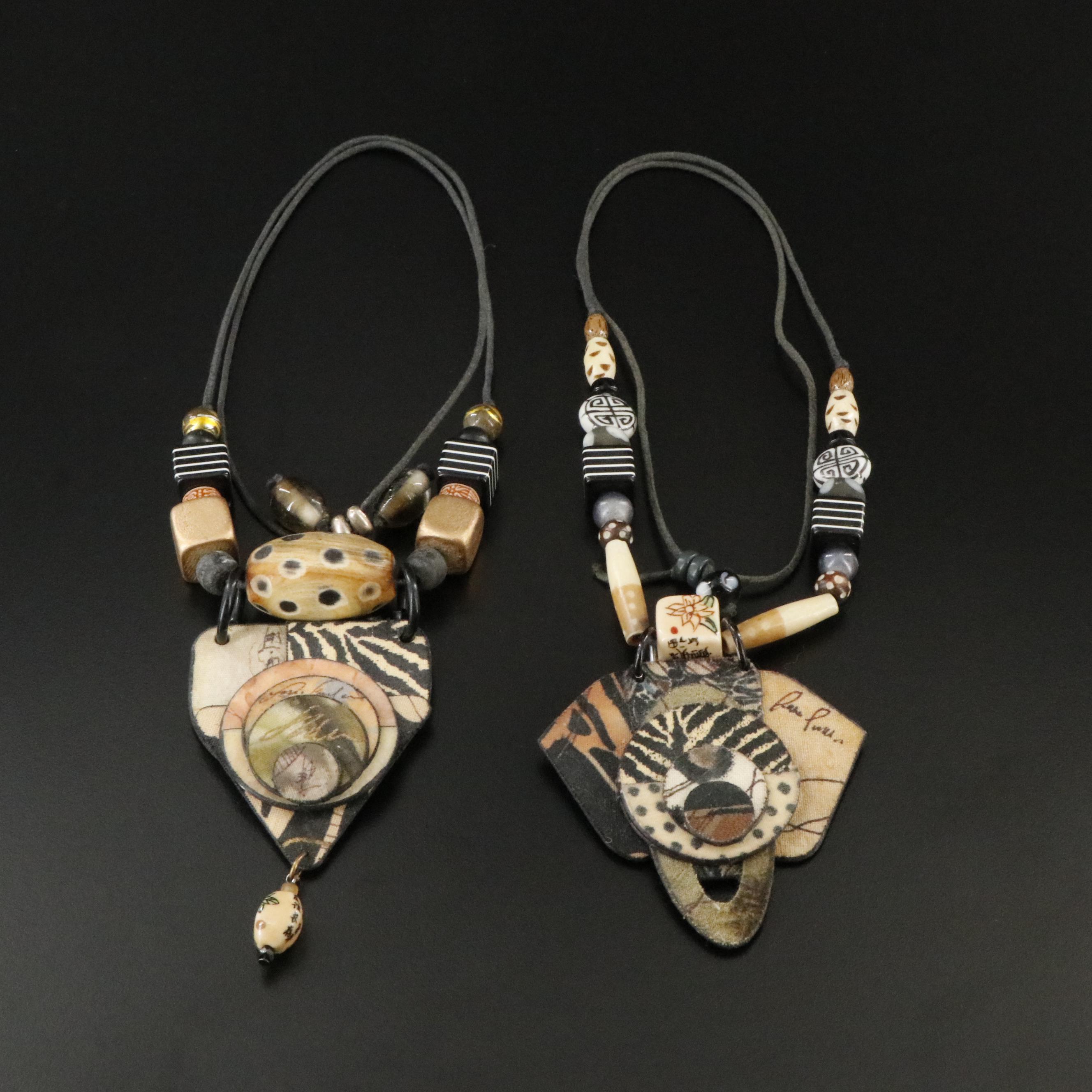 Suzanne Bellows "Earth" Fabric, Bone and Wood Necklaces