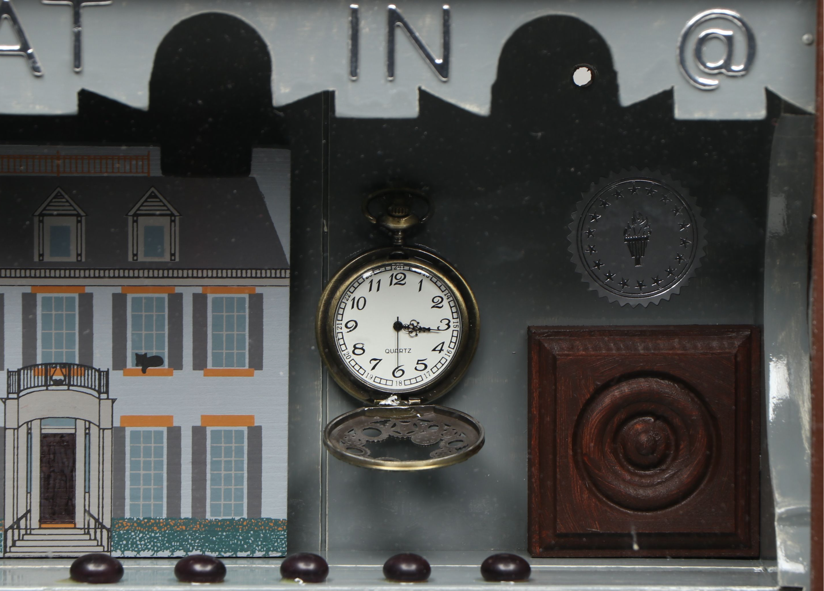 Shadow Box Drawer Mixed Media Assemblage "IF-IS-AT-IN @" with Pocket Watch