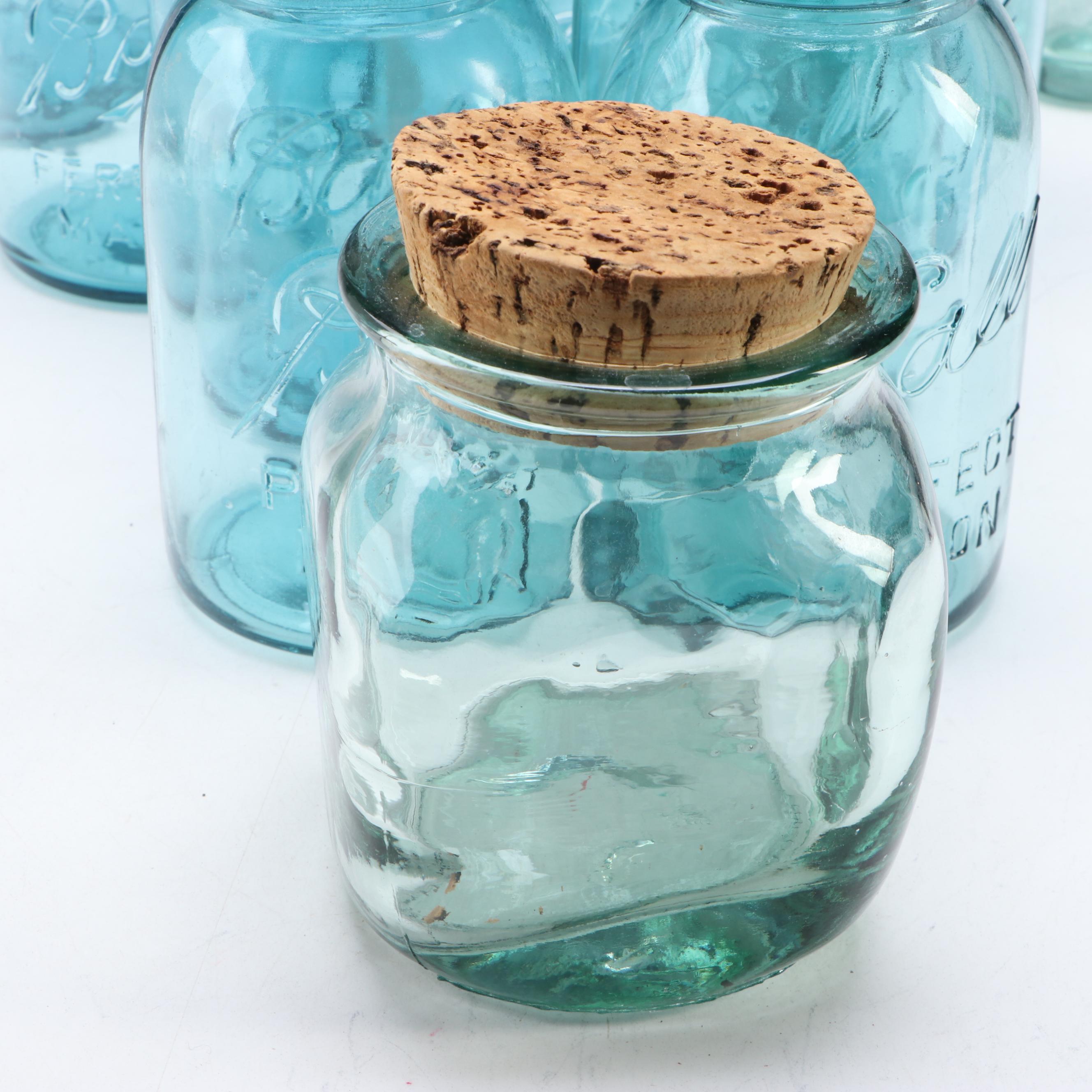Ball Perfect Mason Canning Jars with Other Blue Glass Bottles and Jars