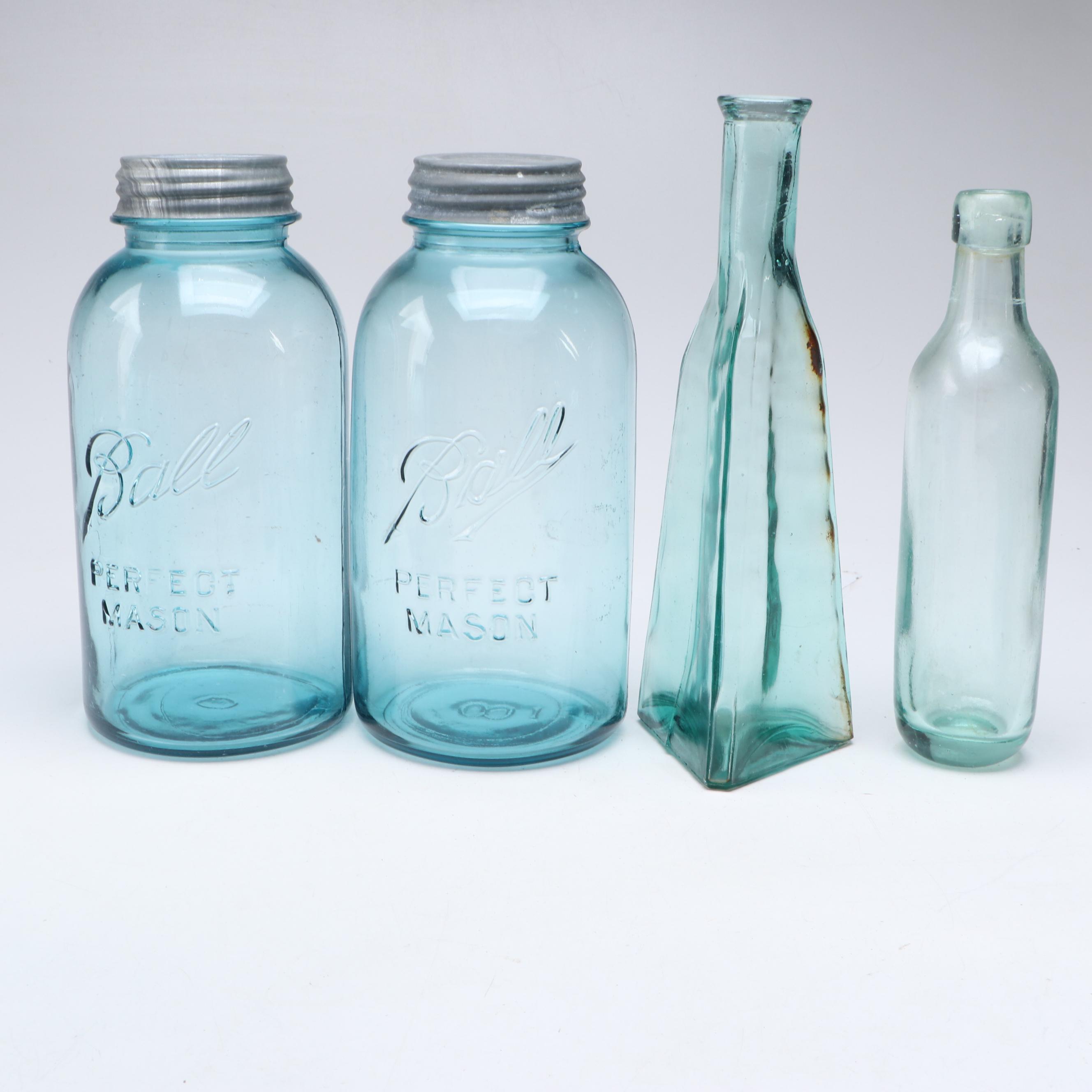 Ball Perfect Mason Canning Jars with Other Blue Glass Bottles and Jars