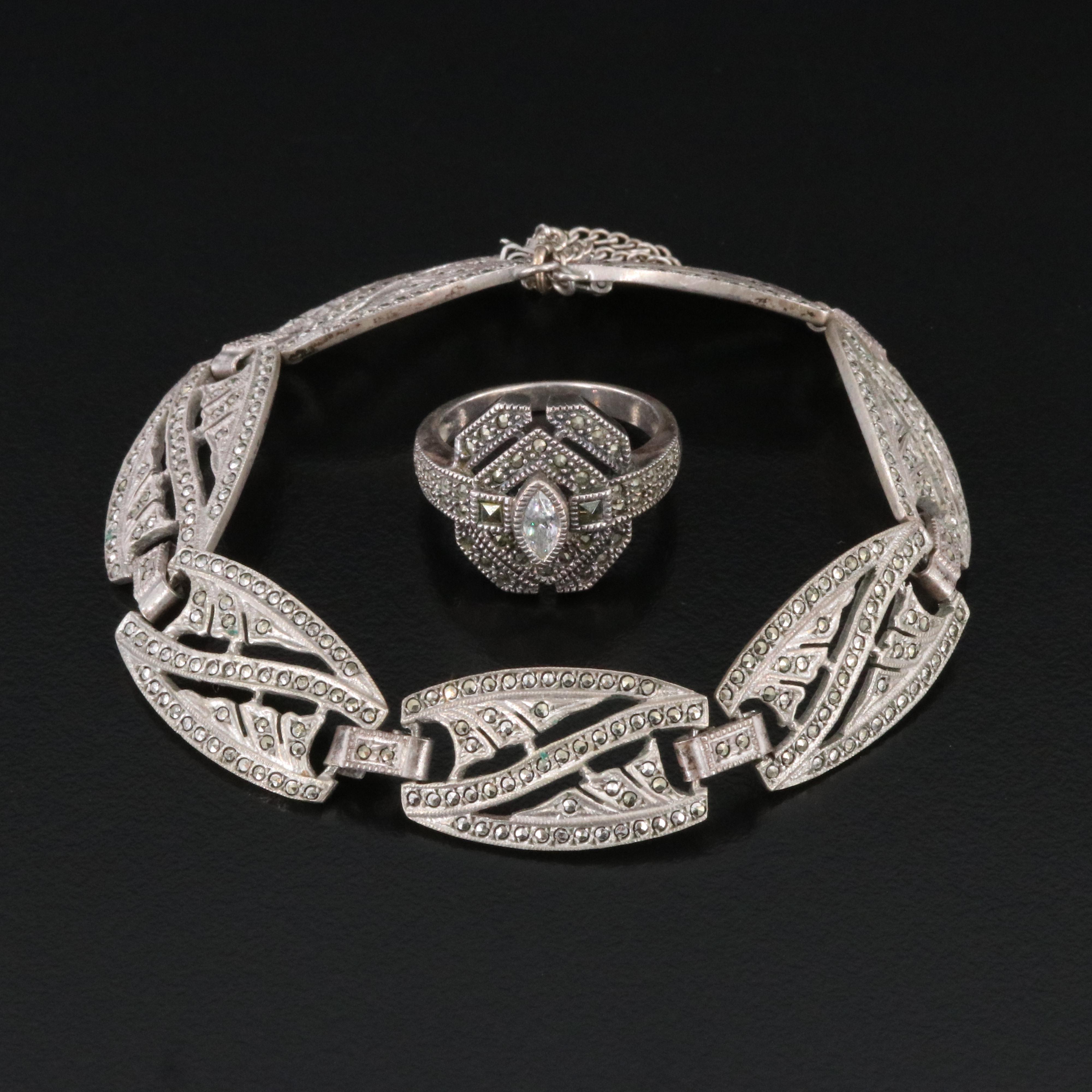 Judith Jack Sterling Marcasite Ring and Sterling Bracelet