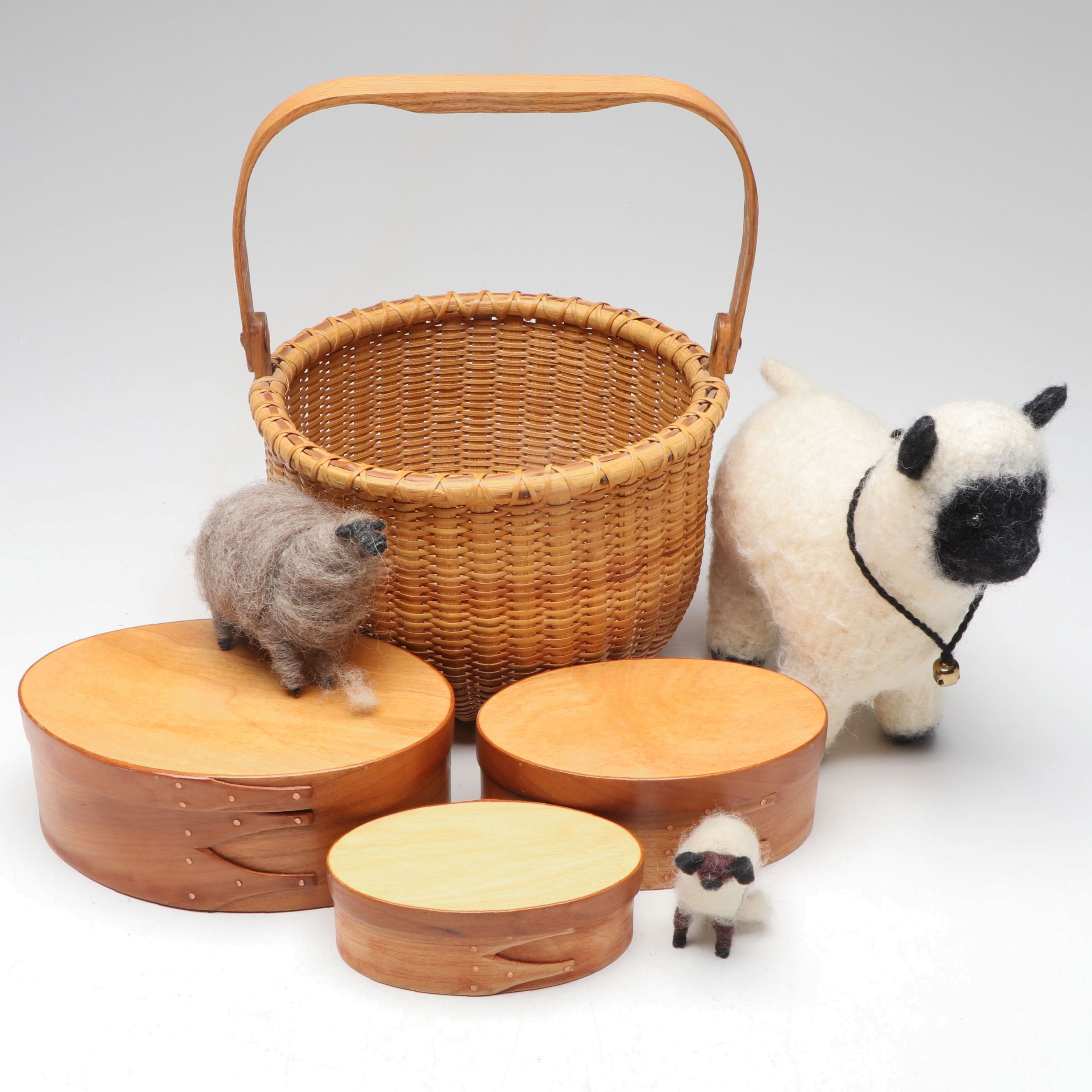 Isaacs' Shaker Hill Oval Bent Wood Boxes with Wool Sheep Figurines and Basket