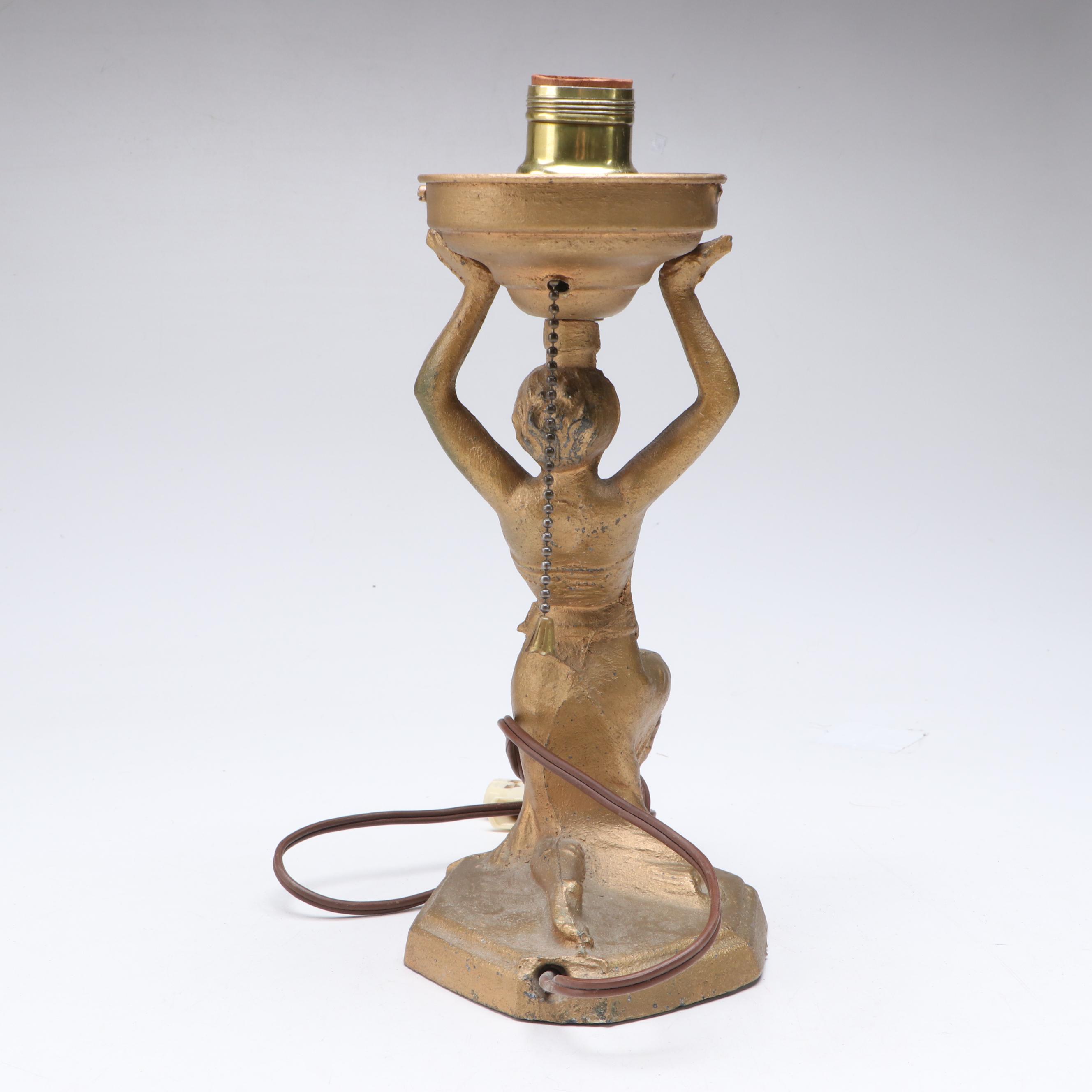 Art Deco Gold Painted Figural Accent Lamp with Crackle Globe Shade