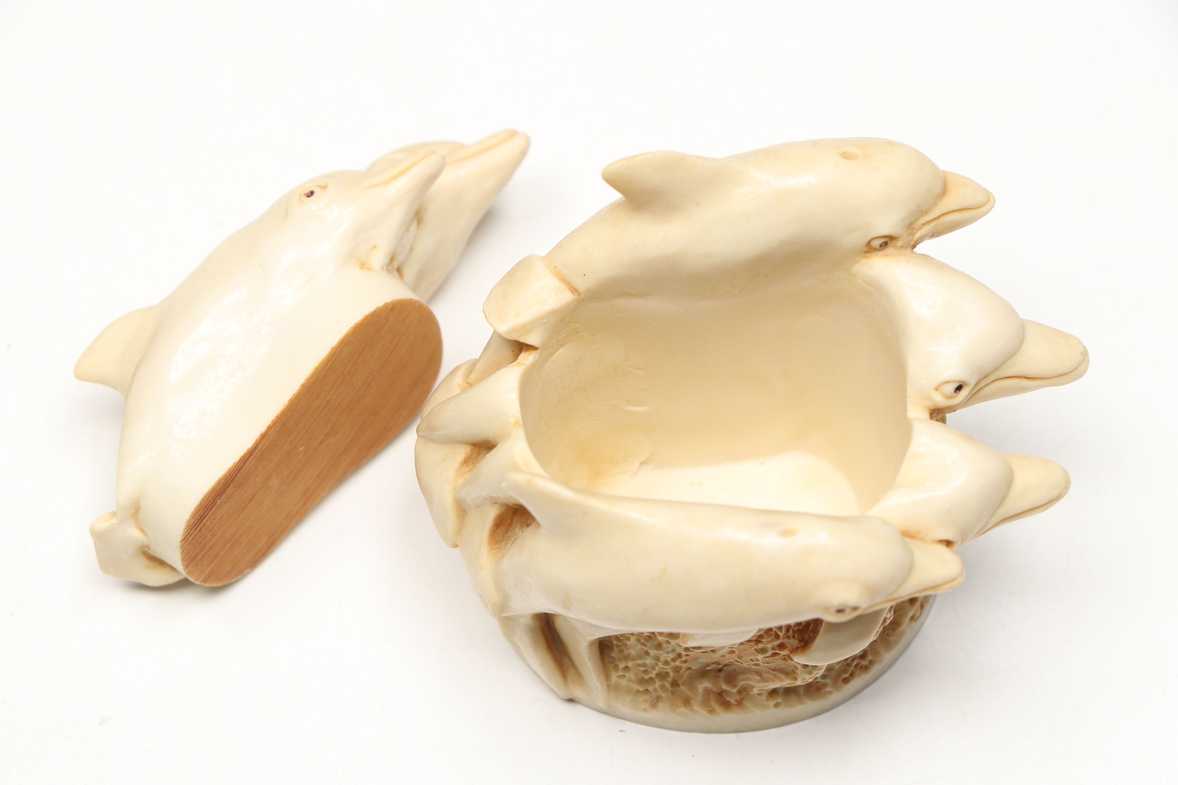 Indian Brass Dolphin, Carved Wood Hippo, and Other Table Décor