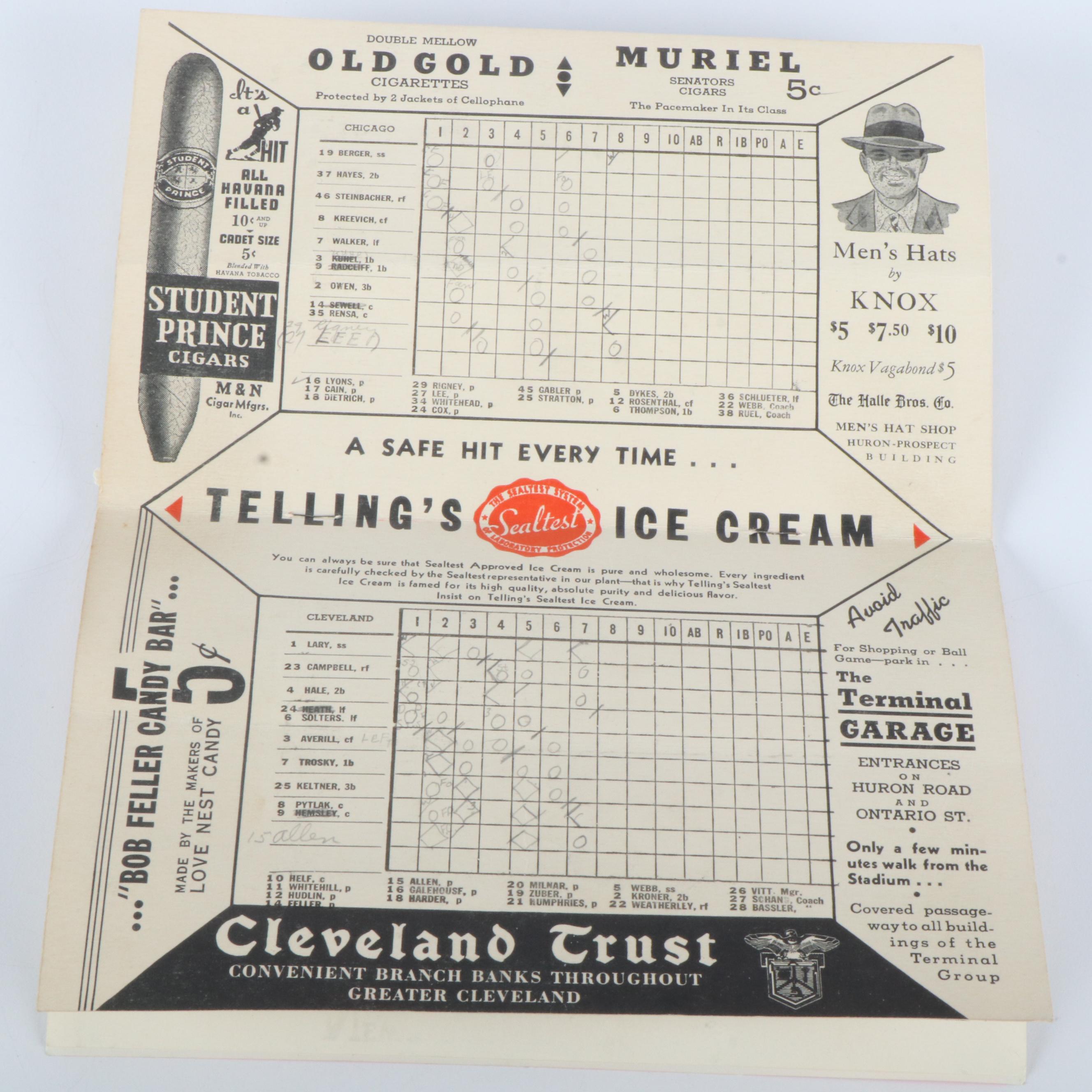1938 Cleveland Indians Score Card