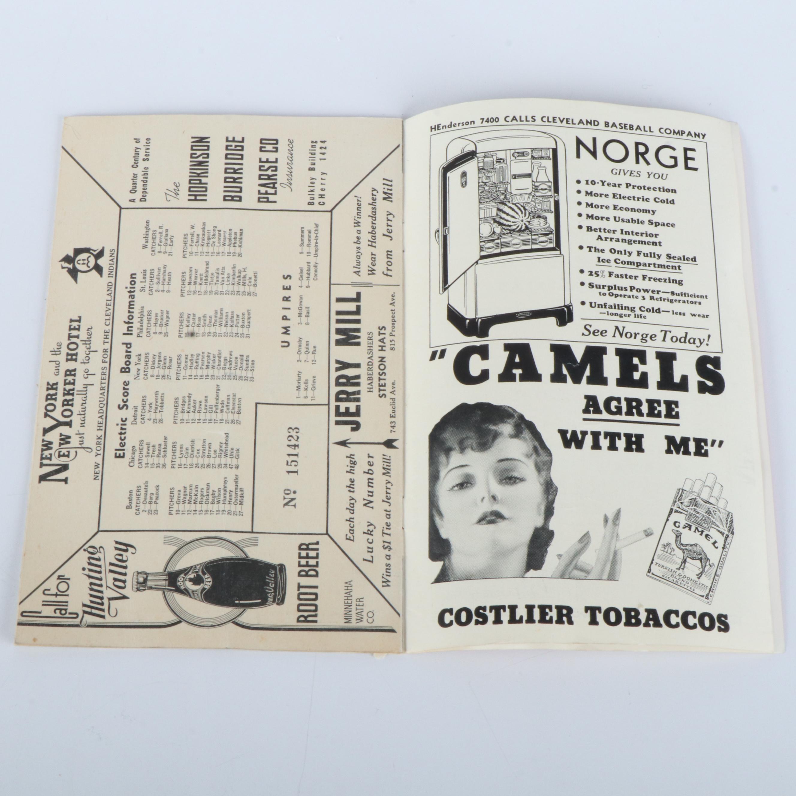 1938 Cleveland Indians Score Card