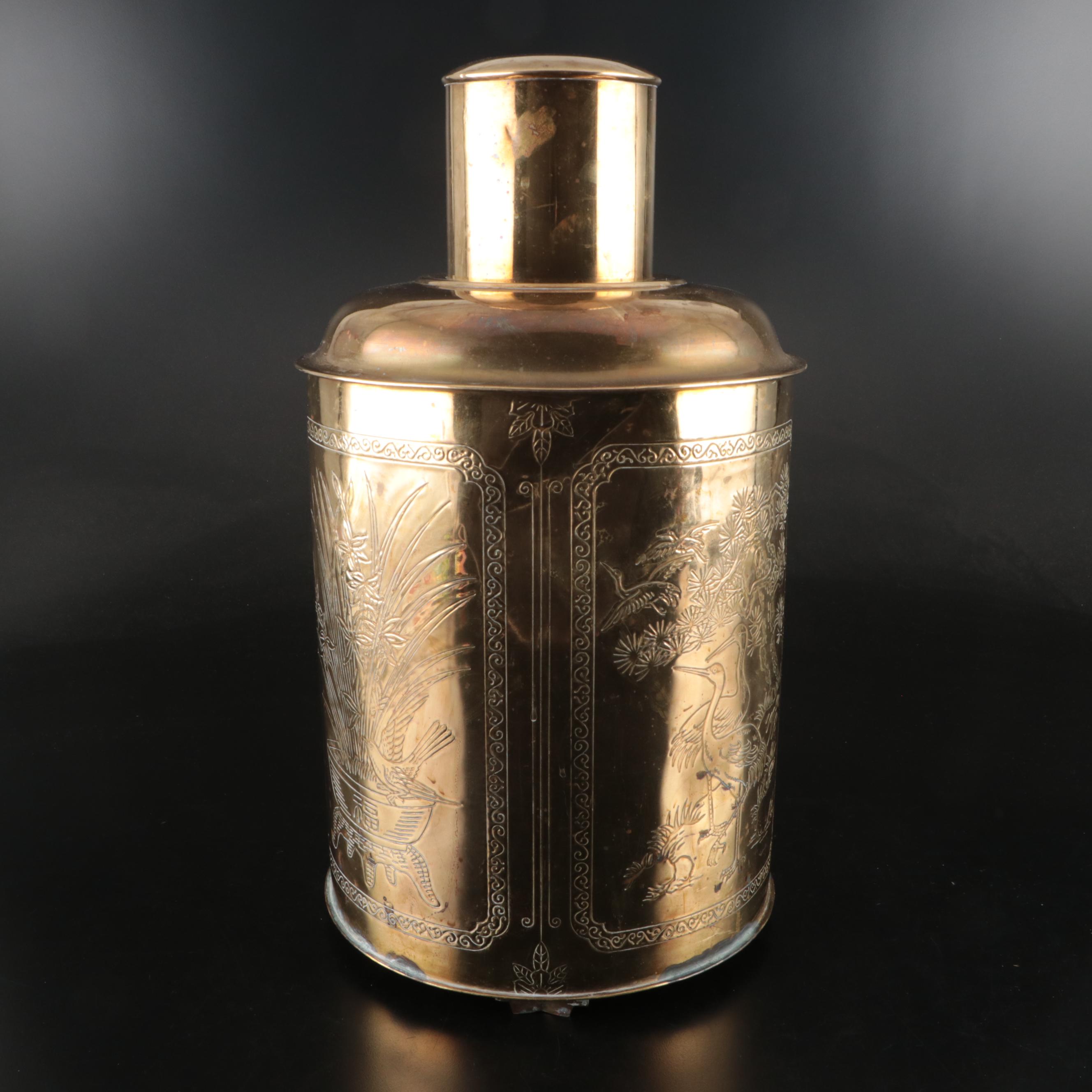 Chinese Engraved Brass Tea Canister, Mid-20th Century