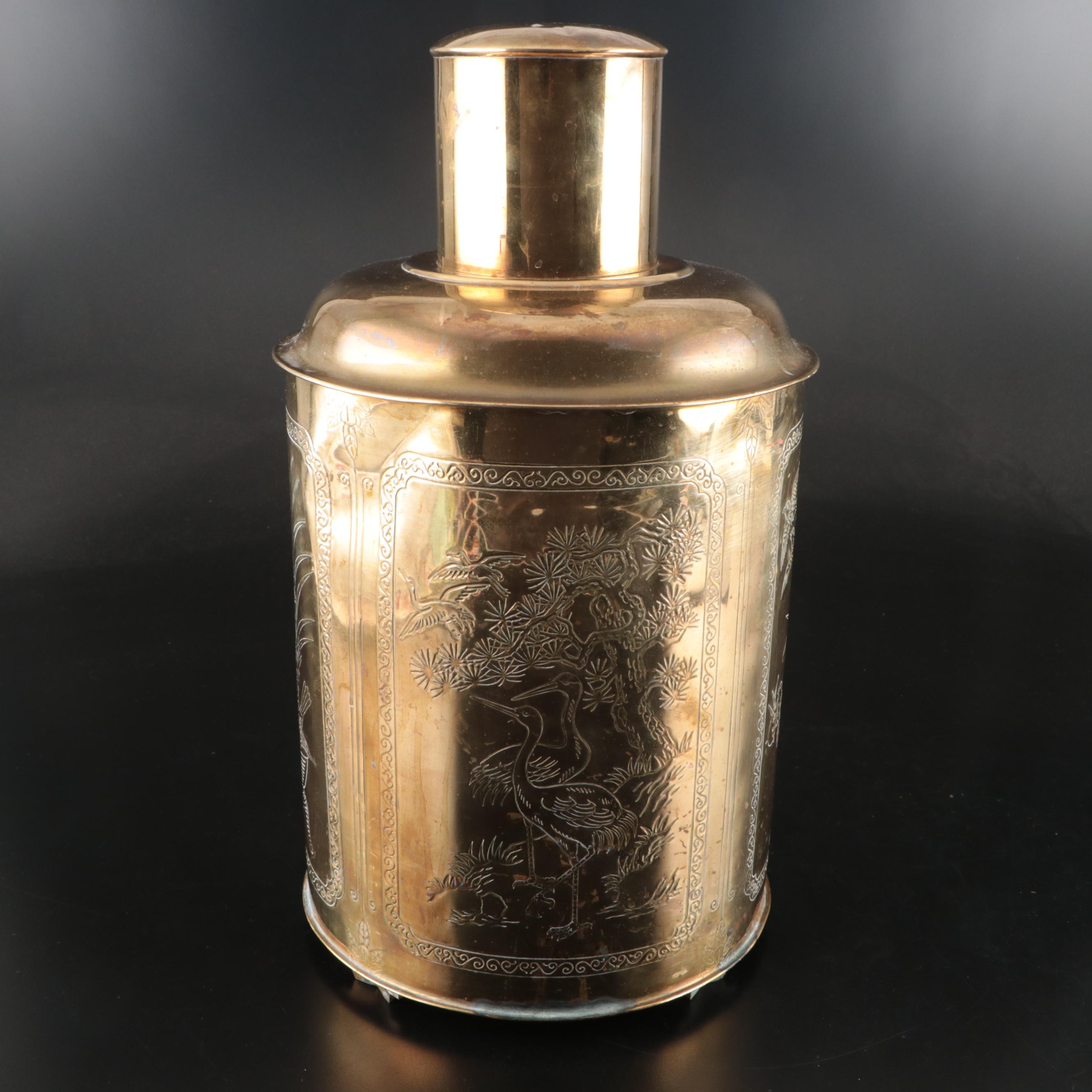 Chinese Engraved Brass Tea Canister, Mid-20th Century