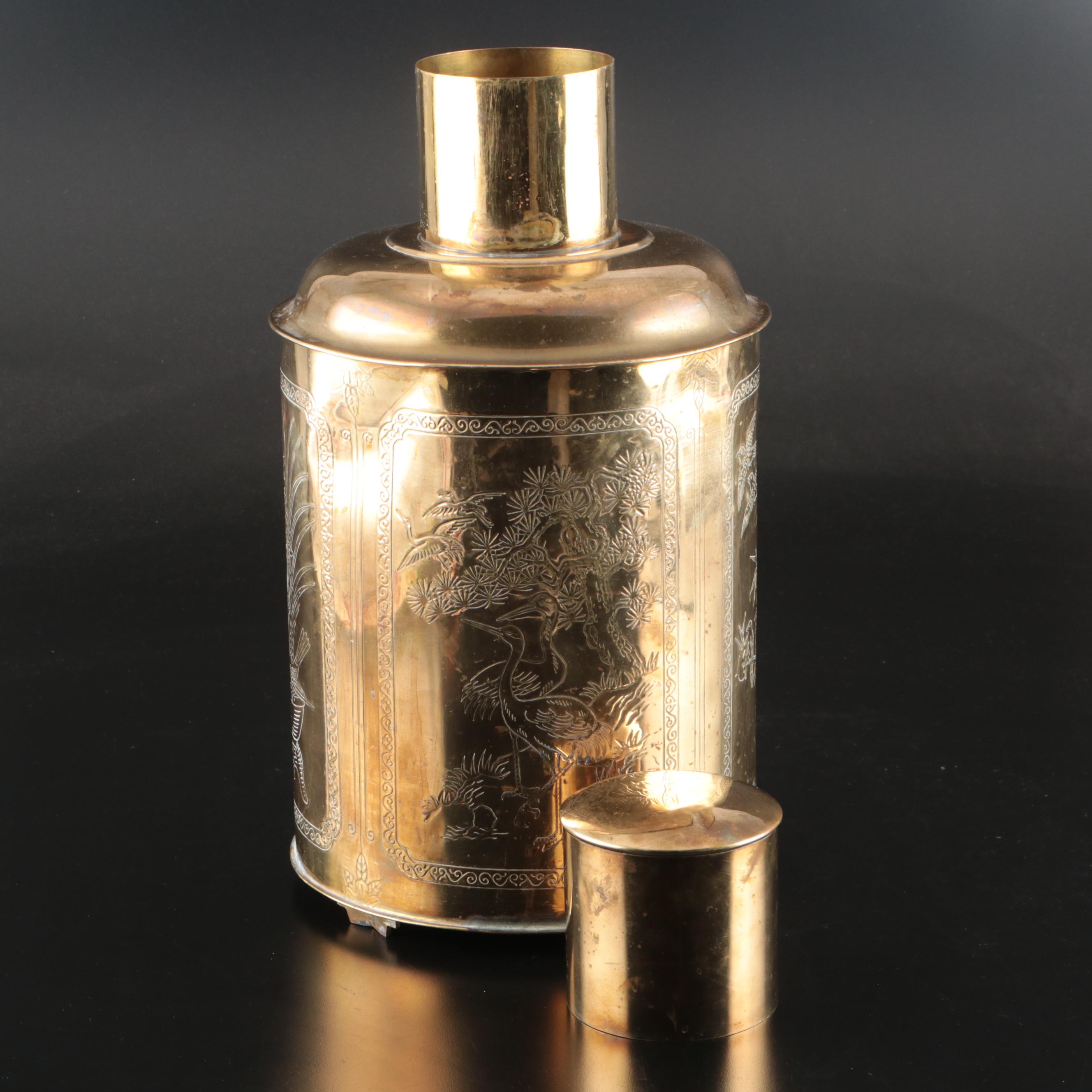 Chinese Engraved Brass Tea Canister, Mid-20th Century