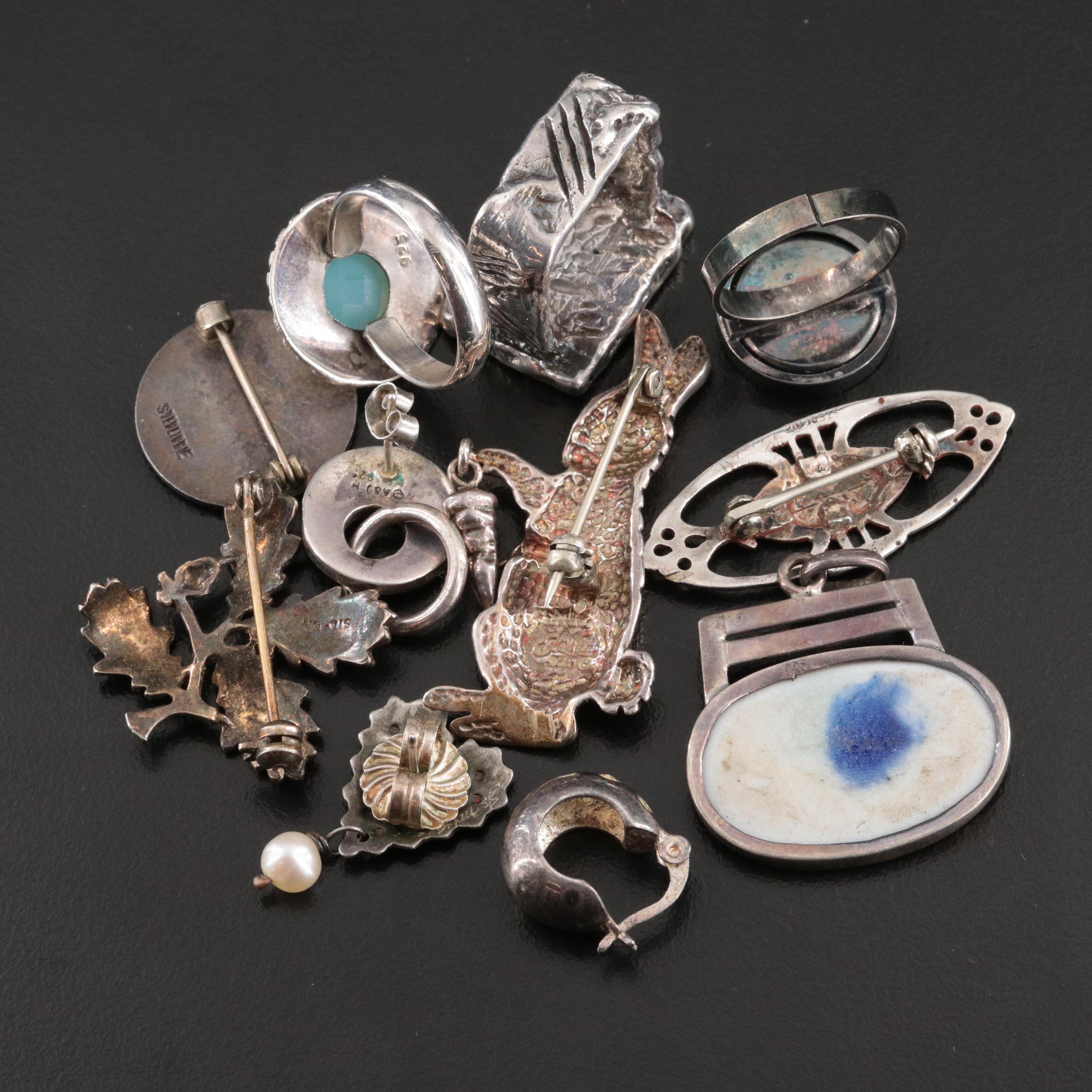 Sterling Jewelry Collection Including  Porcelain, Chalcedony and Pearls