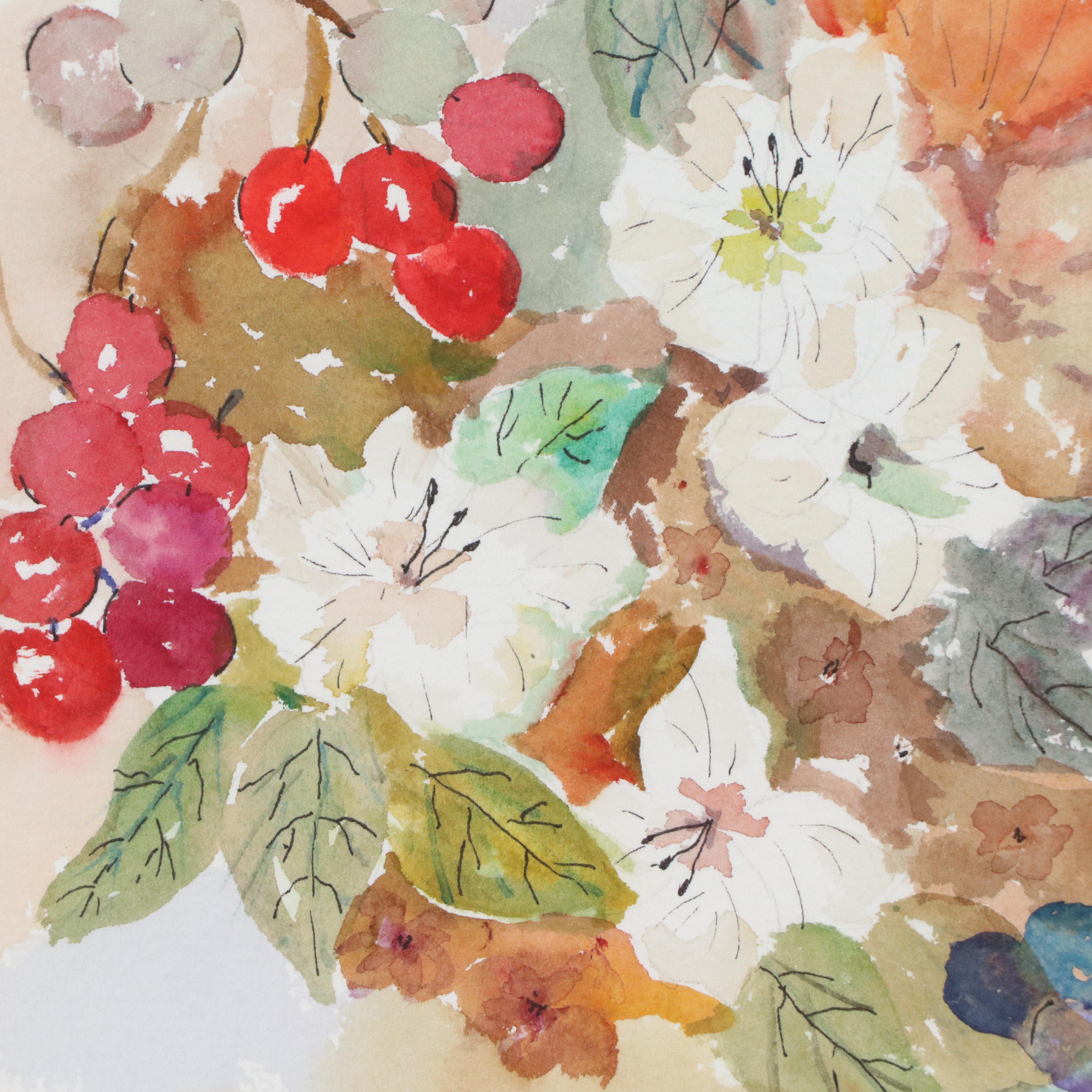 Madeline Tully Floral Watercolor Painting with Red Berries, 1998