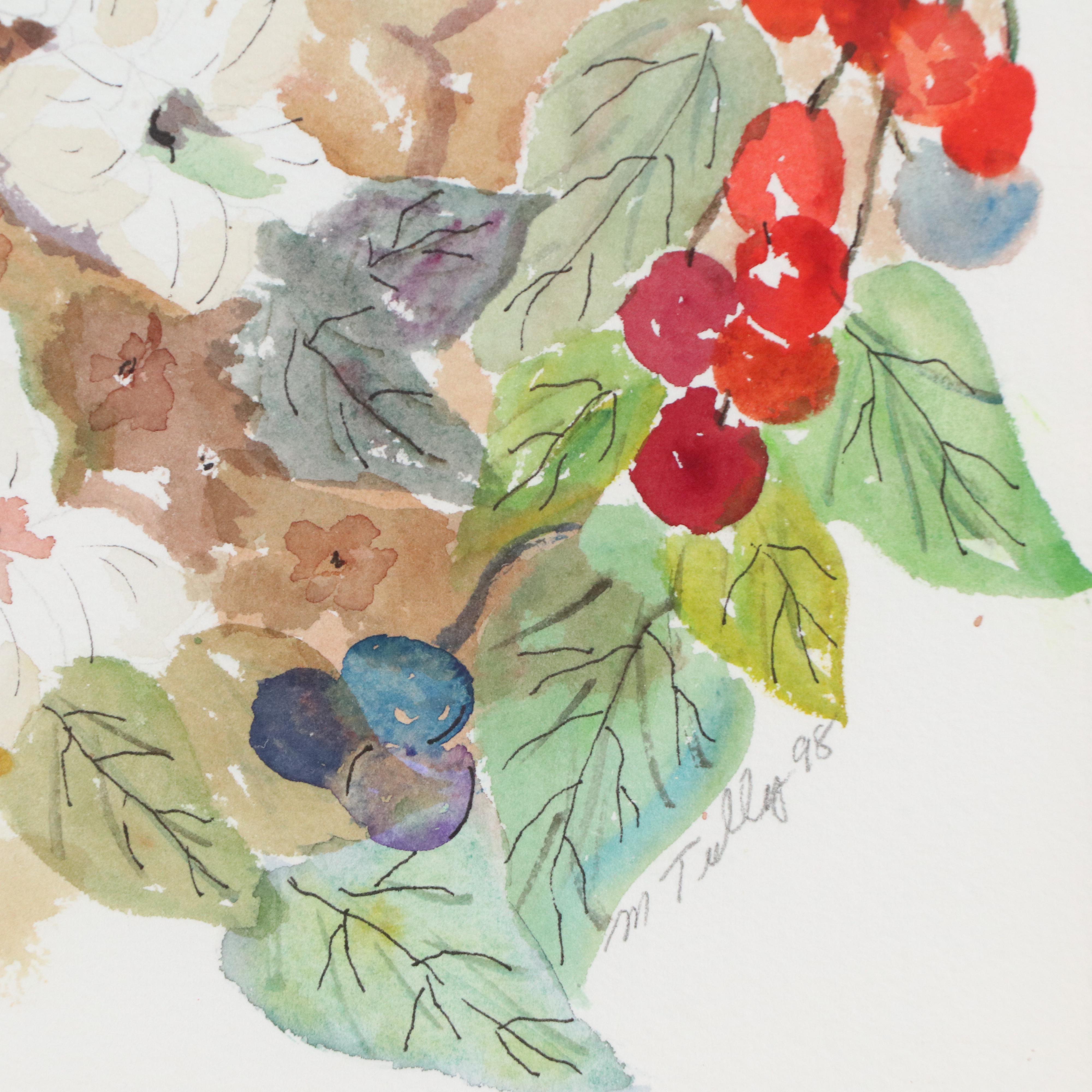 Madeline Tully Floral Watercolor Painting with Red Berries, 1998