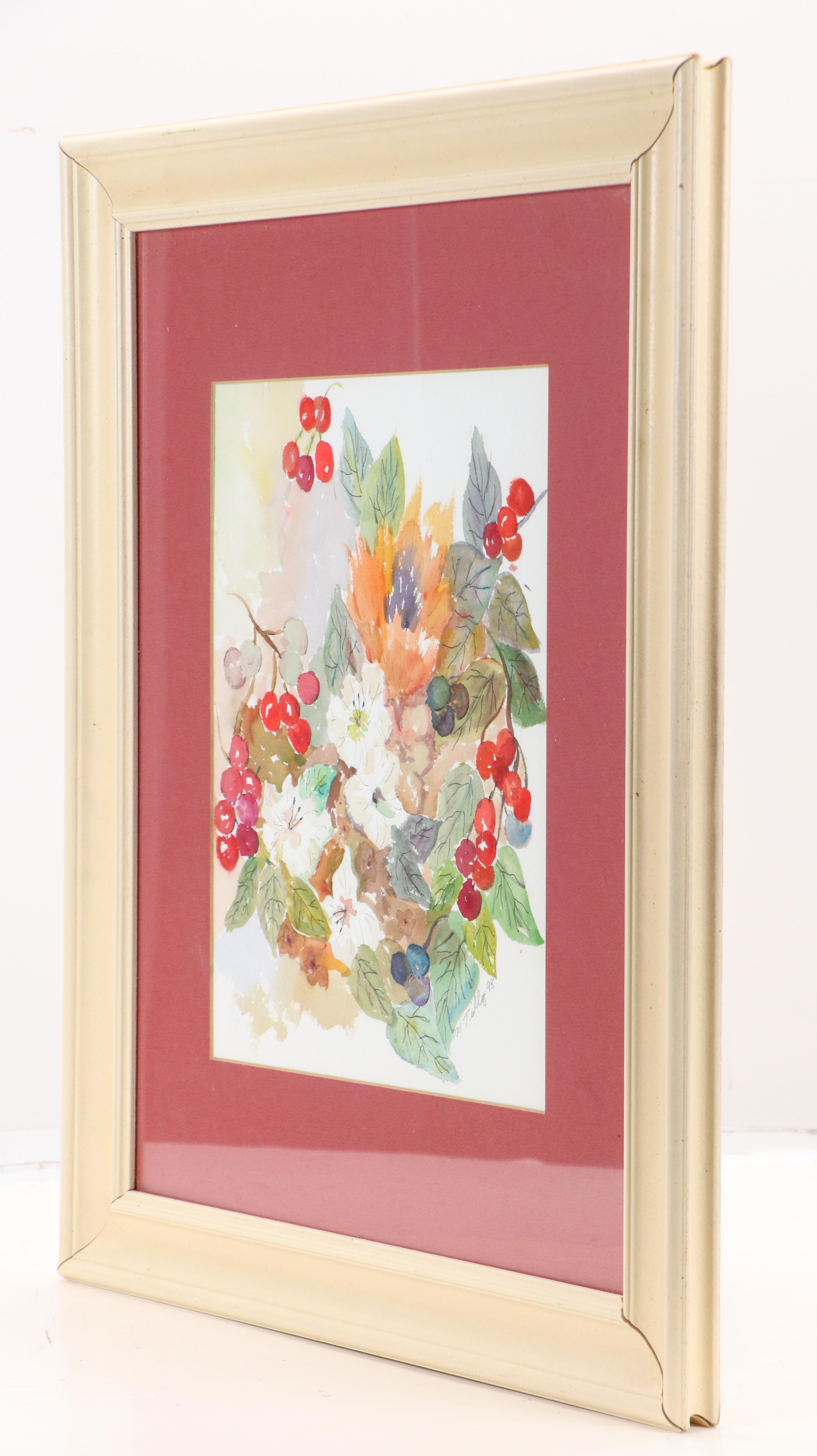 Madeline Tully Floral Watercolor Painting with Red Berries, 1998