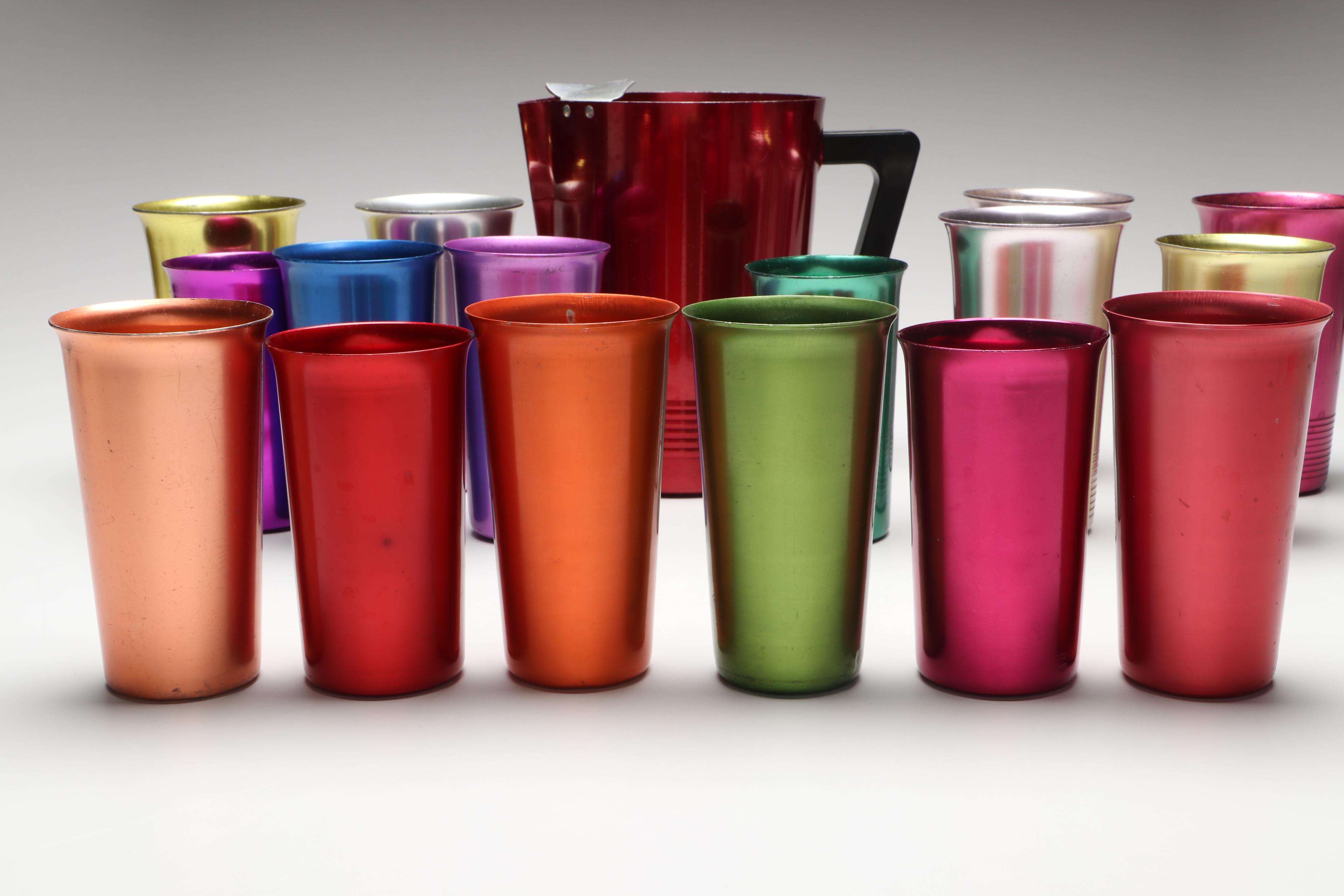 Regal Aluminum Pitcher and Cups with Sunburst & Other Multicolored Aluminum Cups