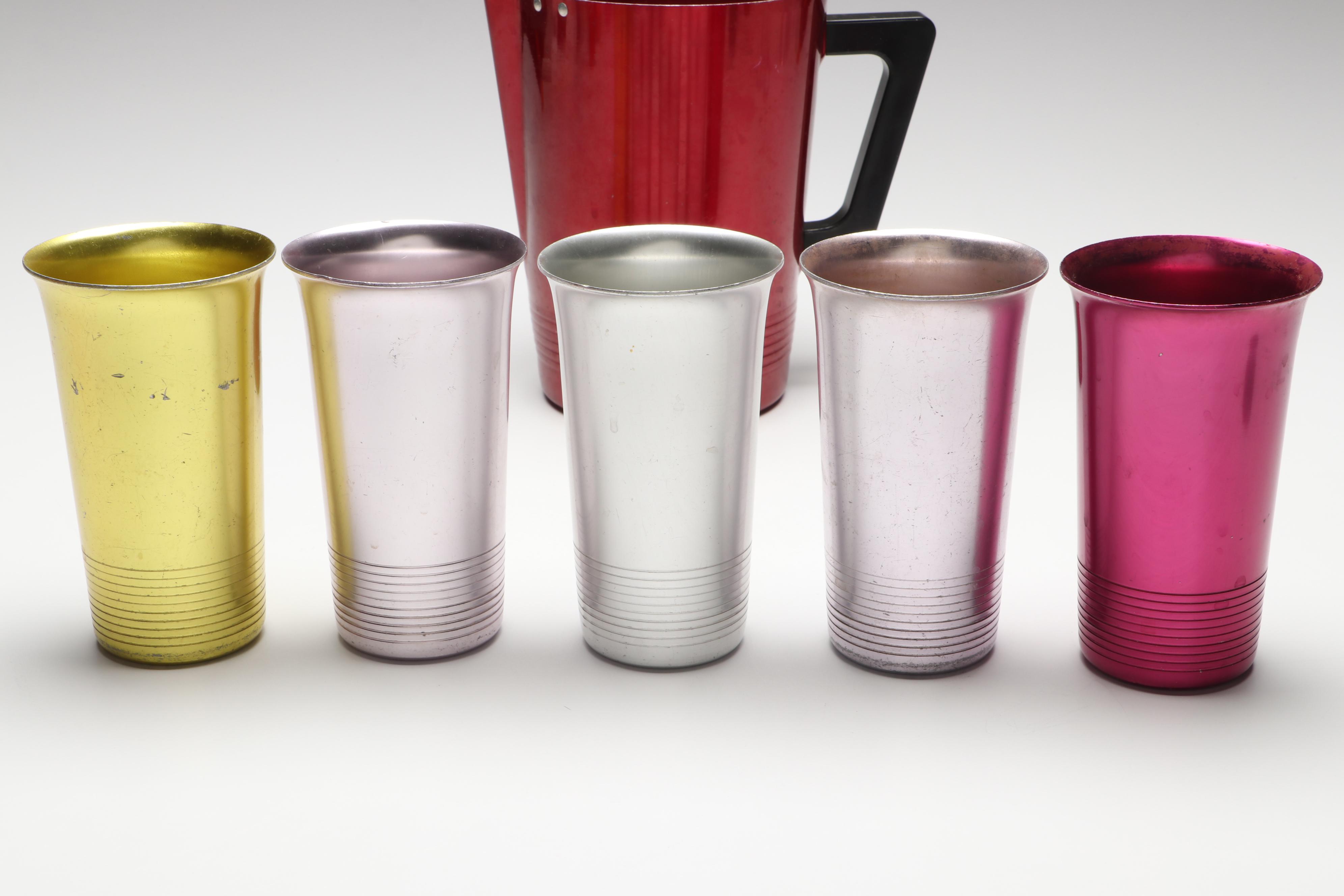 Regal Aluminum Pitcher and Cups with Sunburst & Other Multicolored Aluminum Cups