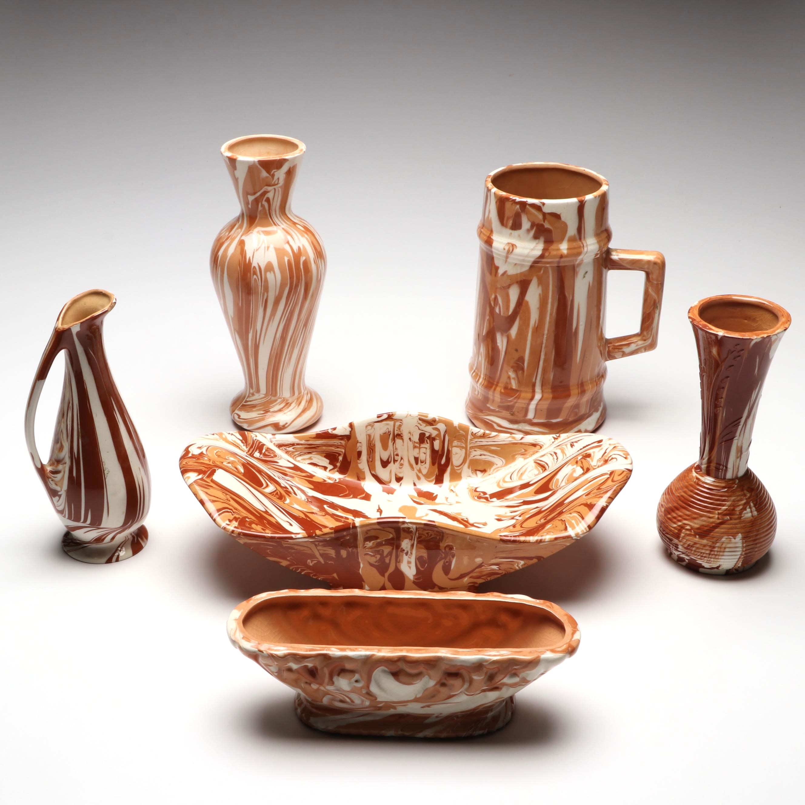 Ohio Made Swirl Glaze Ceramic Vases and Serveware, 1970s