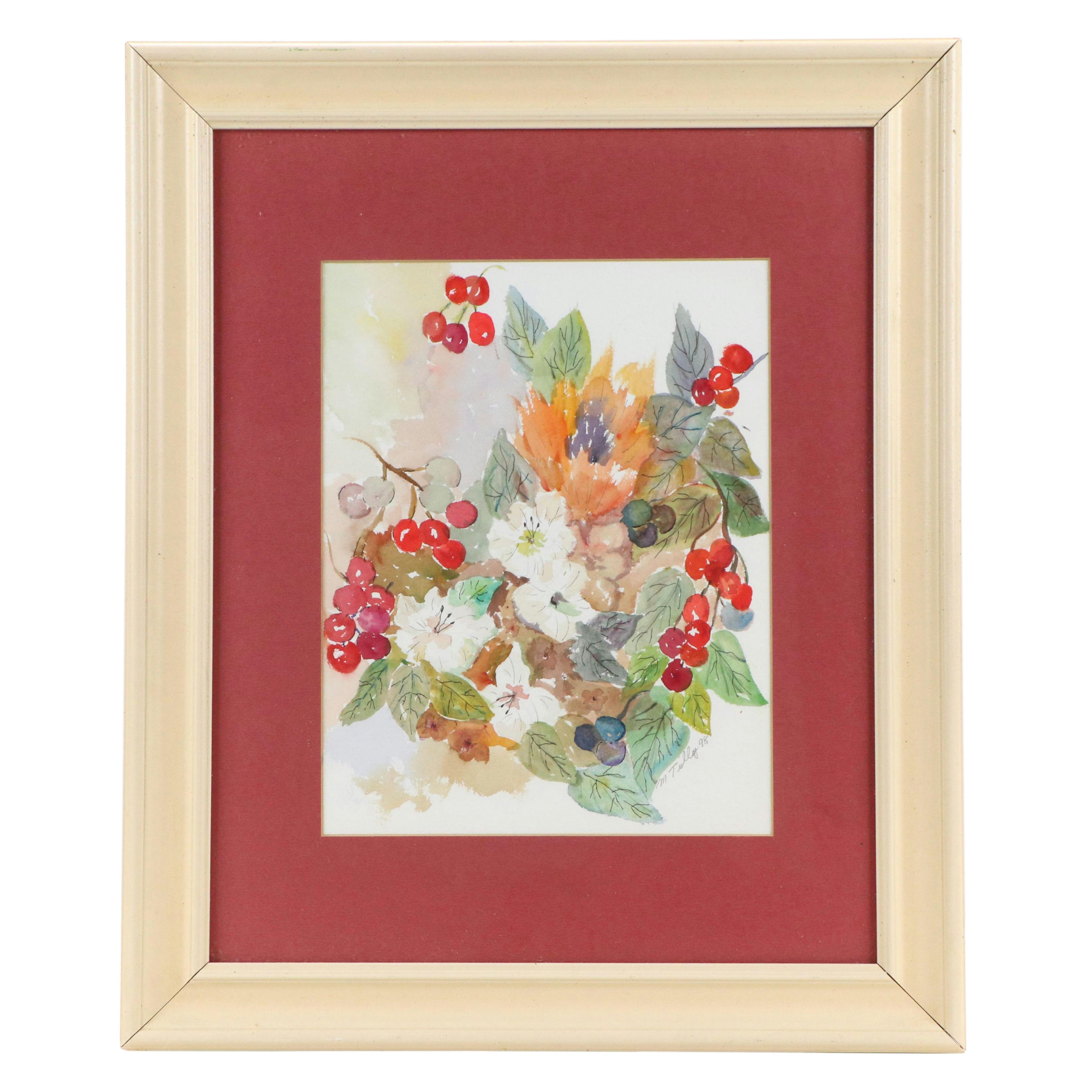 Madeline Tully Floral Watercolor Painting with Red Berries, 1998