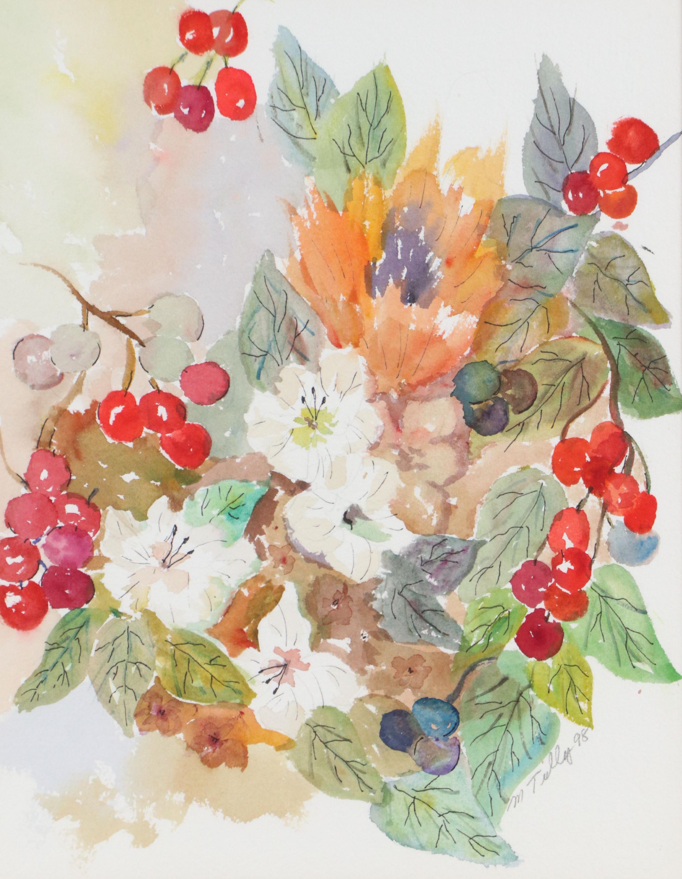 Madeline Tully Floral Watercolor Painting with Red Berries, 1998