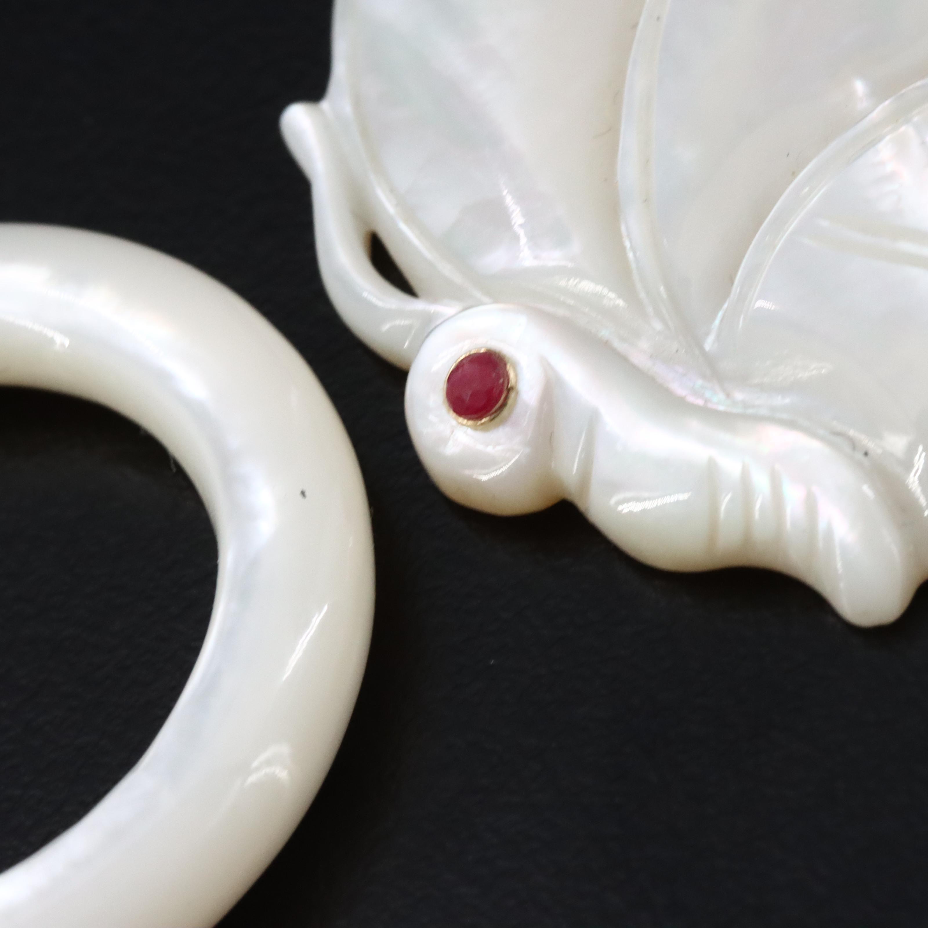 14K Mother of Pearl and Ruby Eyed Butterfly Pendant and Hoops