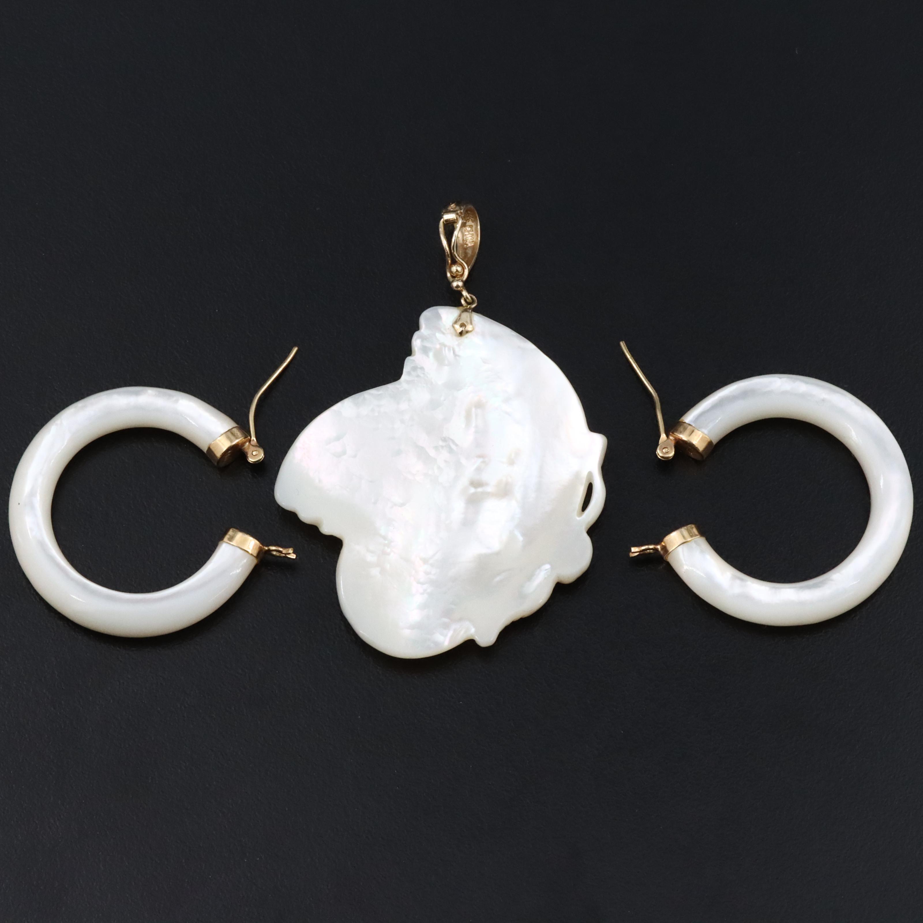 14K Mother of Pearl and Ruby Eyed Butterfly Pendant and Hoops