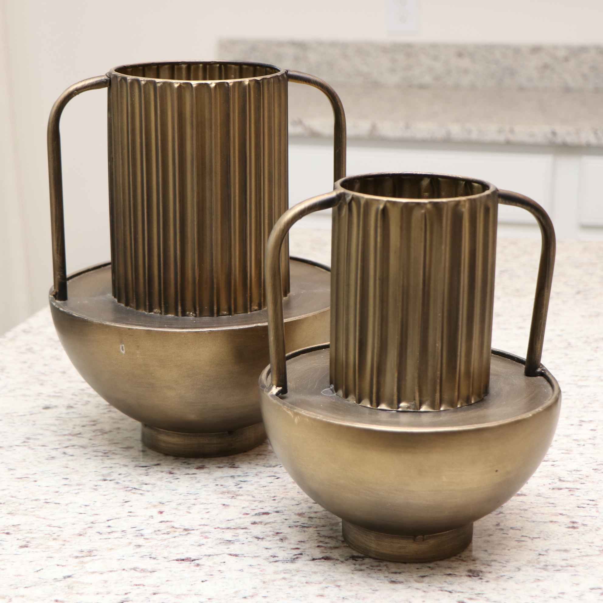 Pair of Machine Age Style Weighted Metal Vases with Kensington Desk Clock