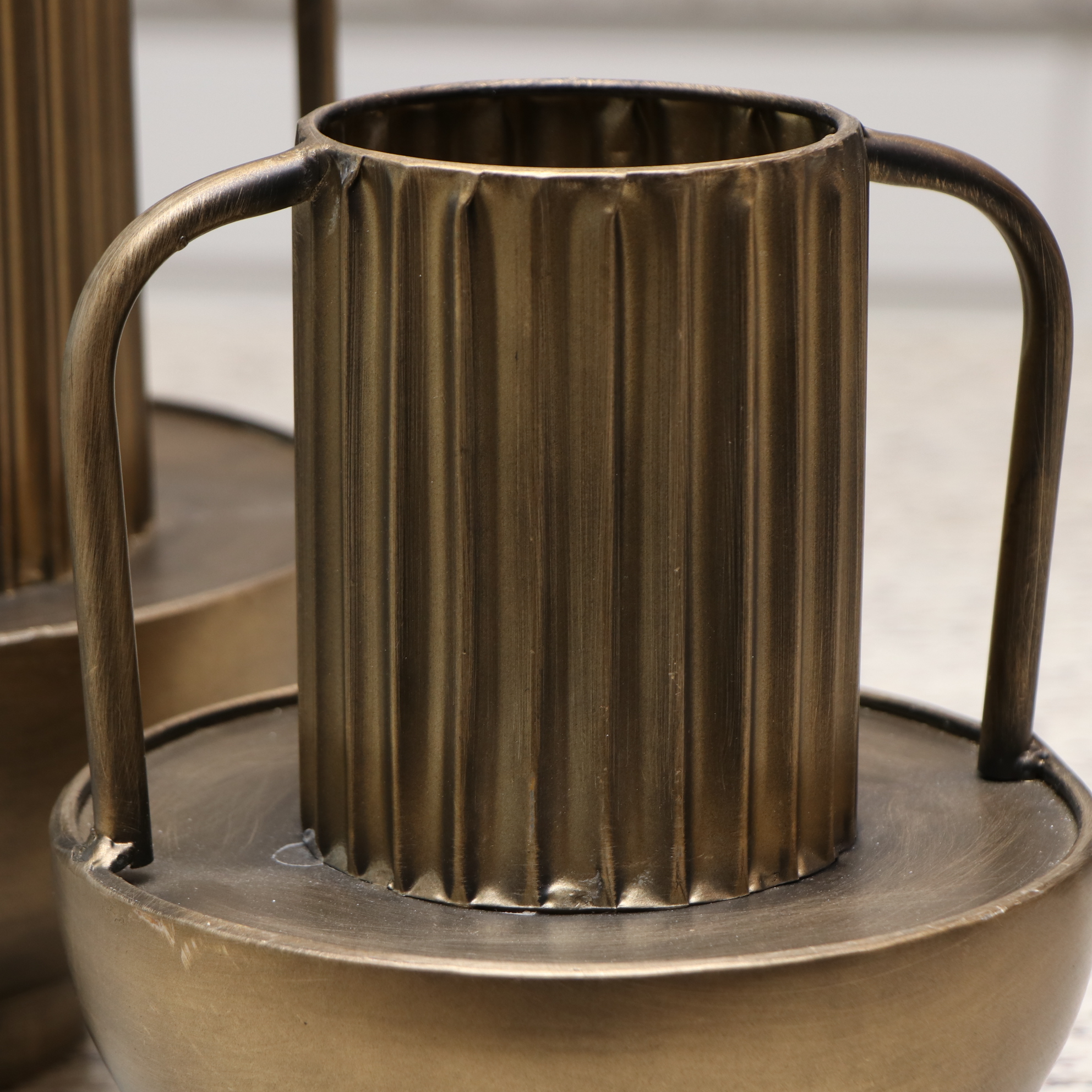 Pair of Machine Age Style Weighted Metal Vases with Kensington Desk Clock