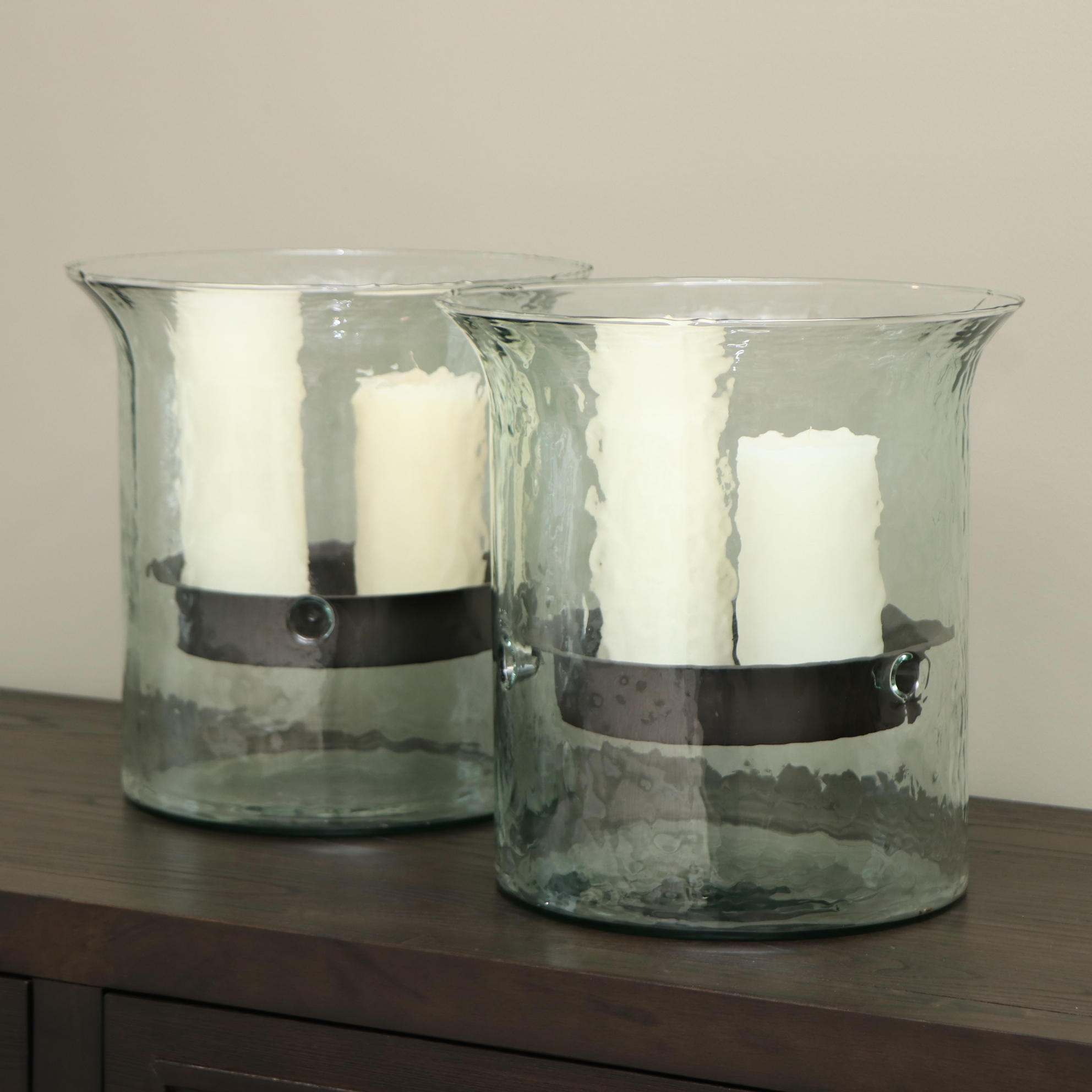 Pair of Contemporary Textured Glass and Metal Hurricanes