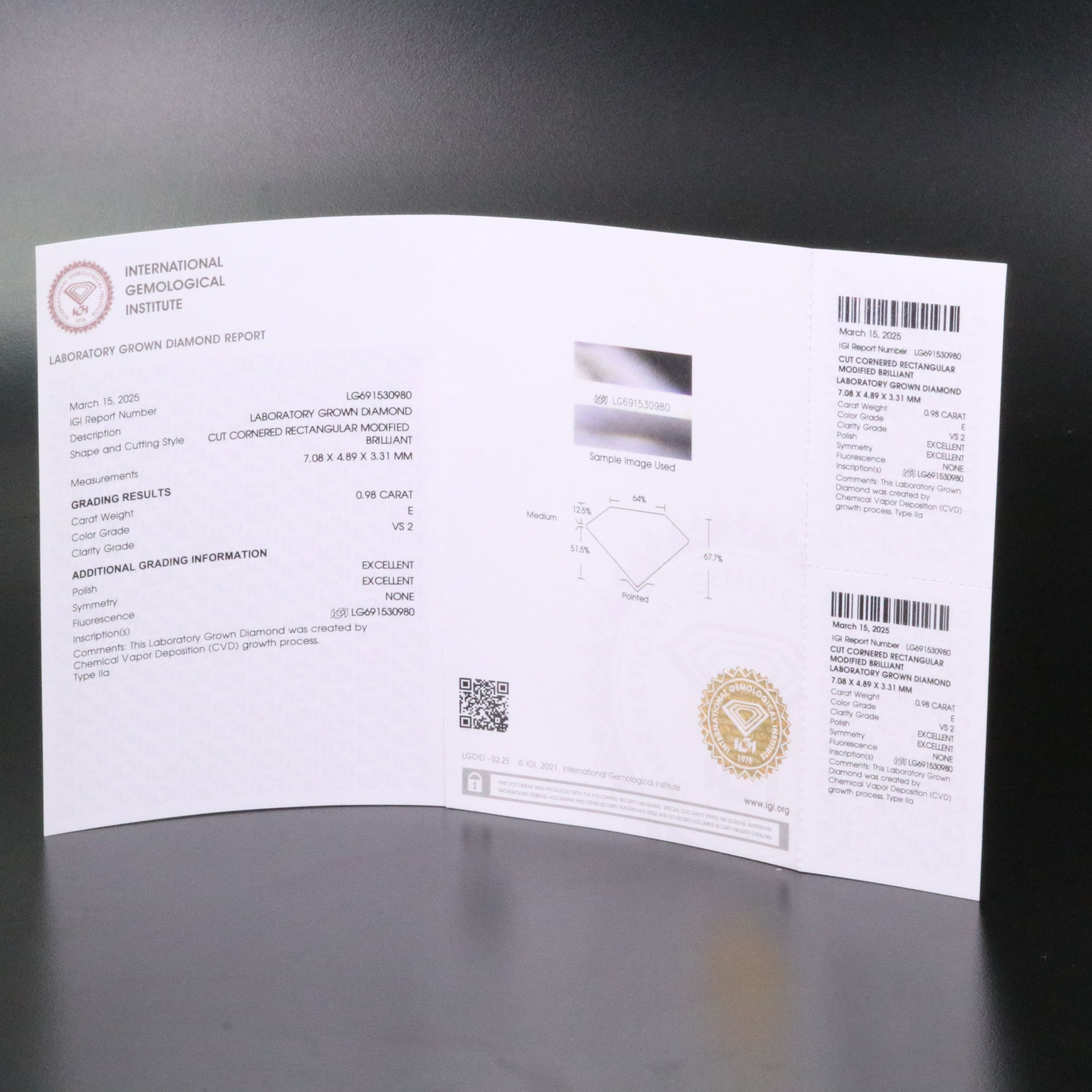 Loose 0.98 CT Lab Grown Diamond with IGI Report