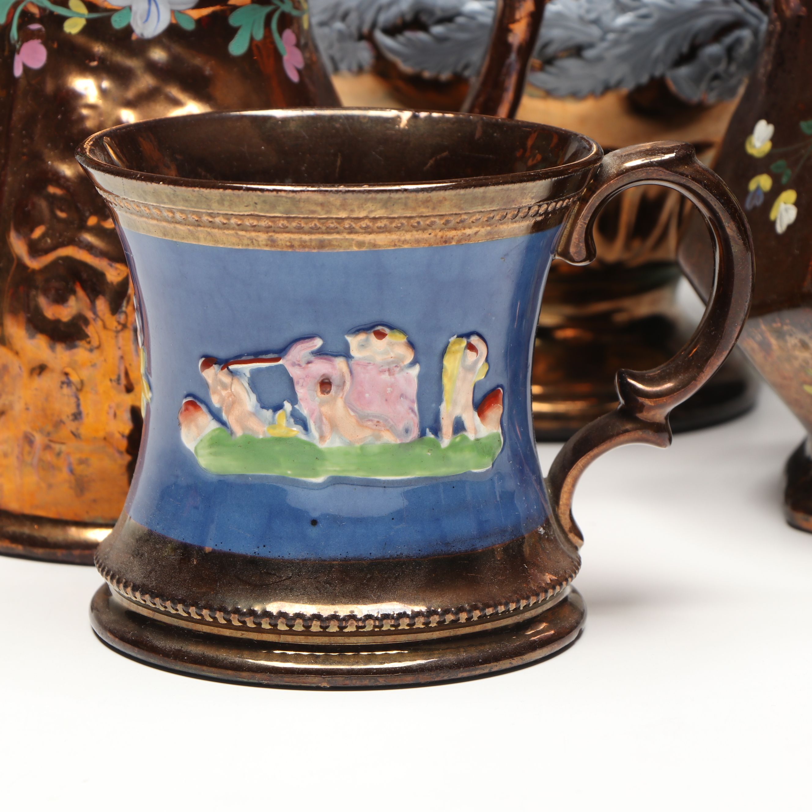 English Copper Luster Pitchers and Mug, Late 19th/ Early 20th Century