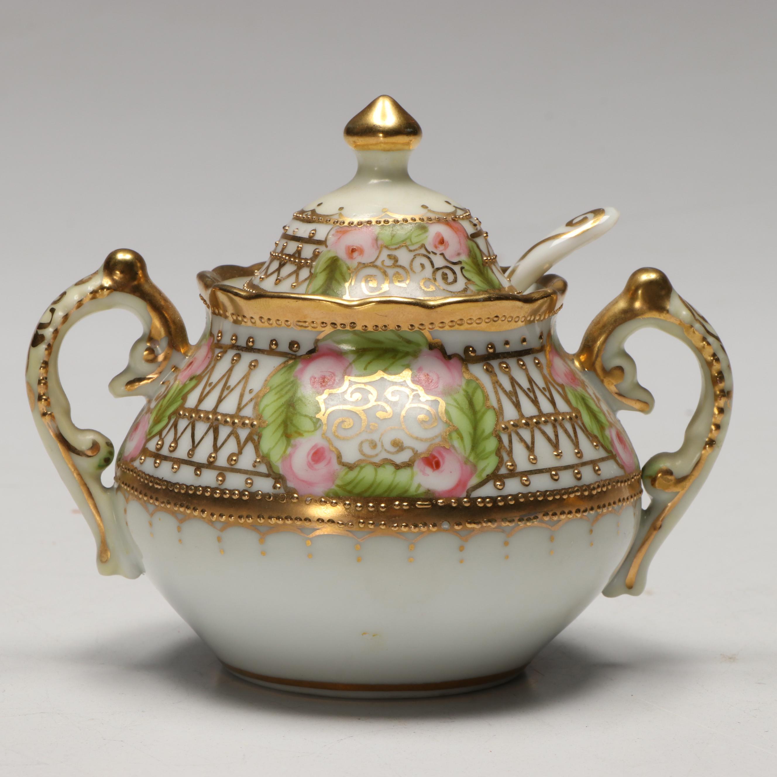 Nippon Japanese Porcelain Gilt and Floral Sugar Bowl and Table Accessories