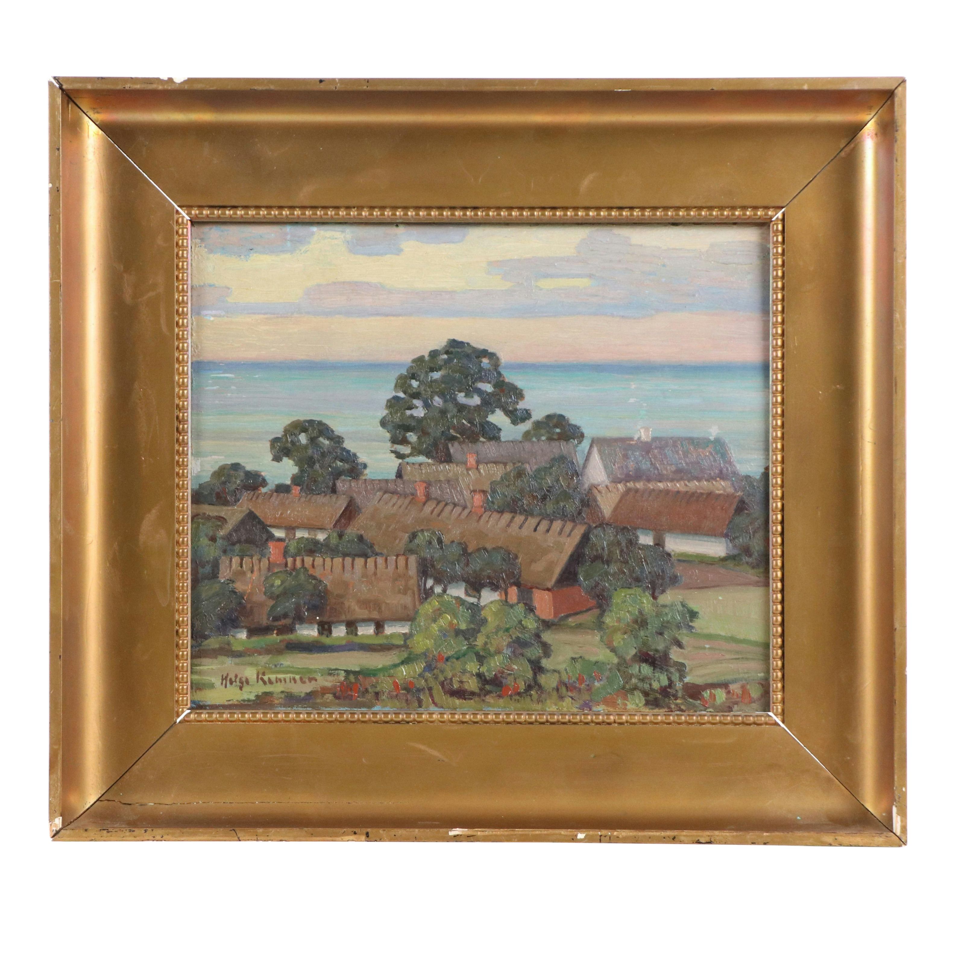 Helge Kemner Coastal Village Landscape Oil Painting