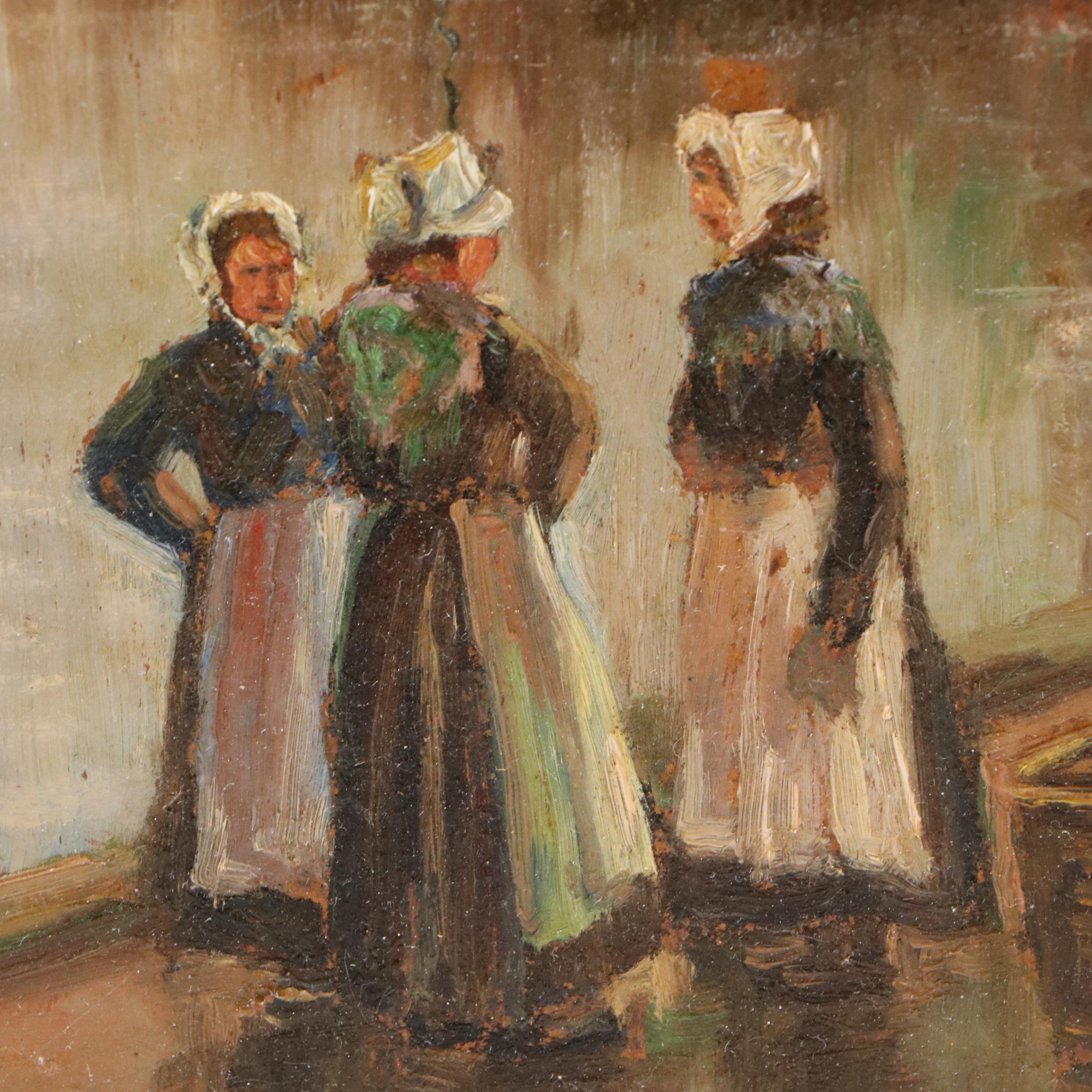 Dutch School Oil Painting of Harbor Scene, Circa 1910