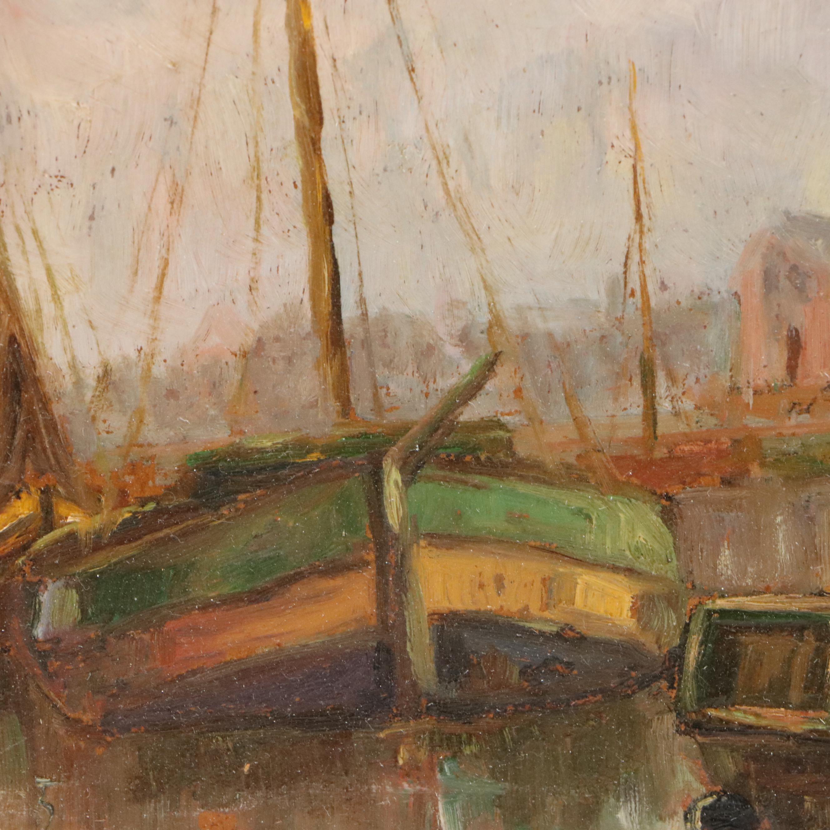 Dutch School Oil Painting of Harbor Scene, Circa 1910