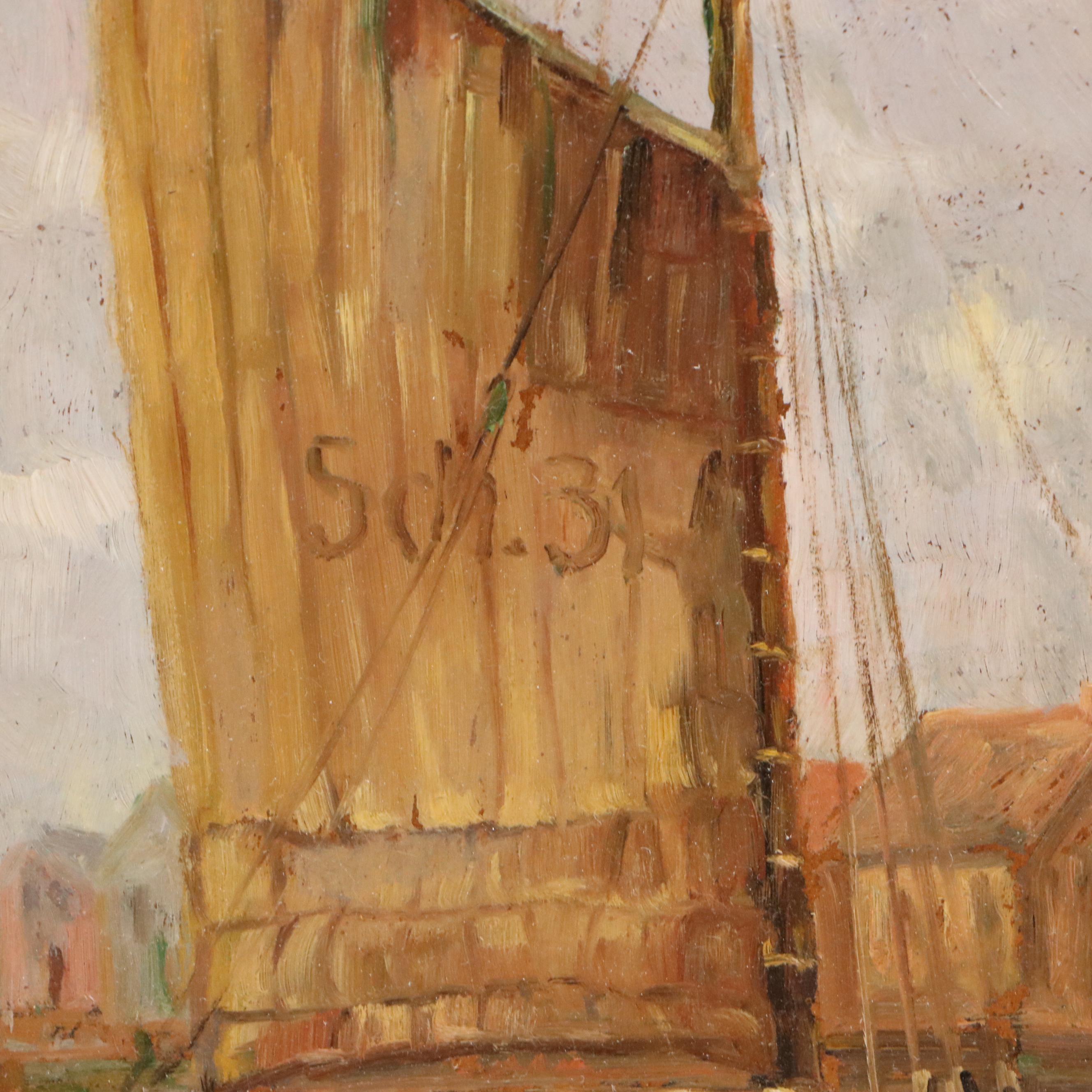 Dutch School Oil Painting of Harbor Scene, Circa 1910