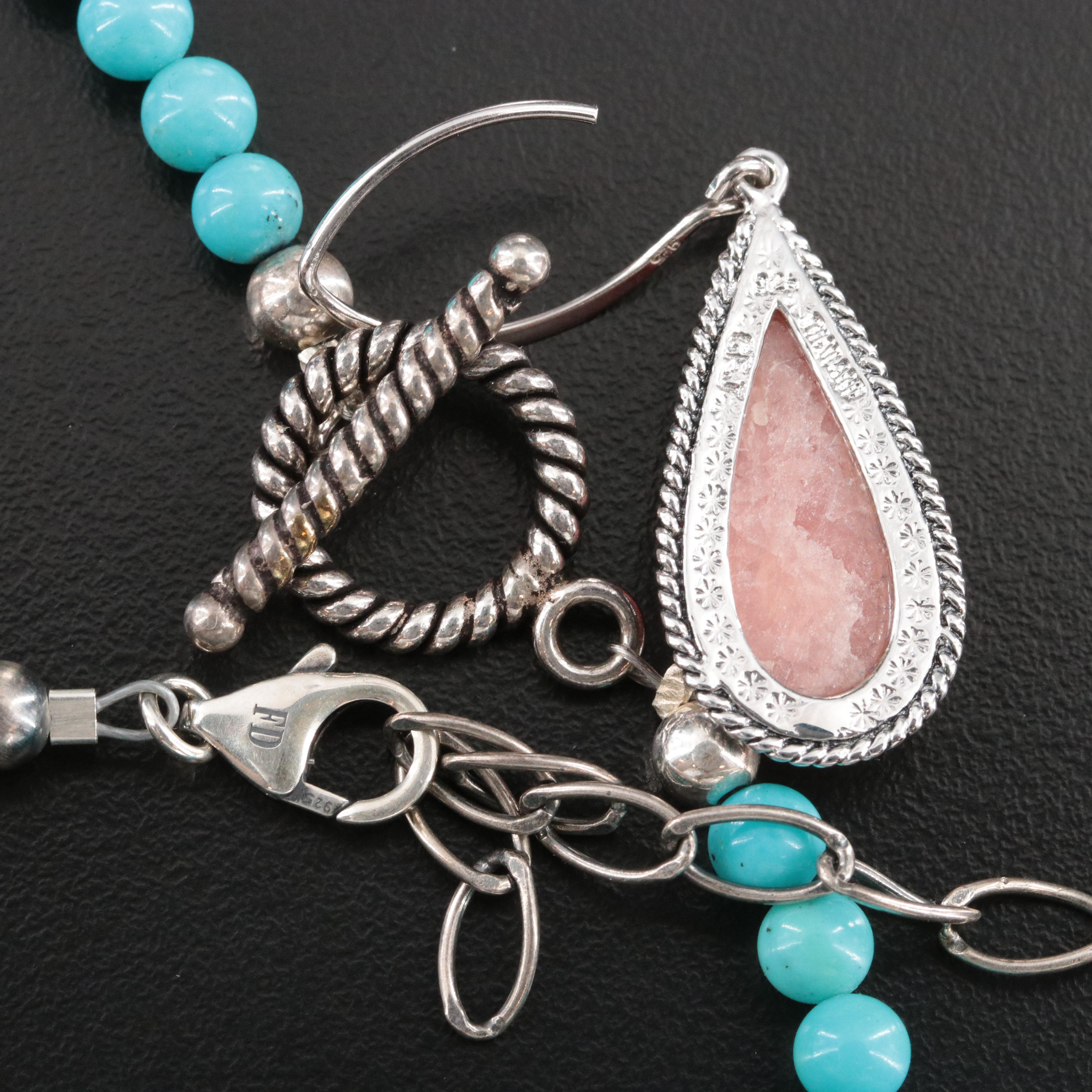 Graduated Turquoise and Rhodochrosite Necklaces with Sterling and Earrings