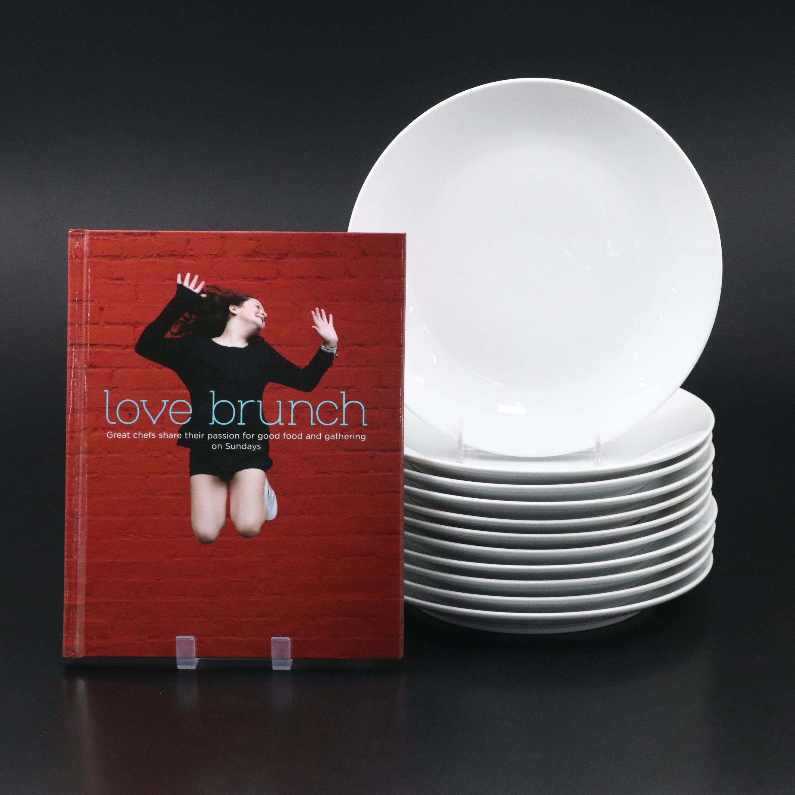 Contemporary White Ceramic Dinner Plates with "Love Brunch" Cookbook